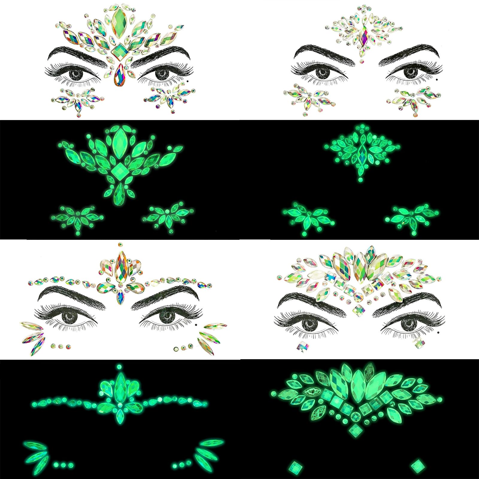 4 pack Face Gems Glow in the Dark, Face Jewels Stickers for Festivals Glitter Face Gems Stickers