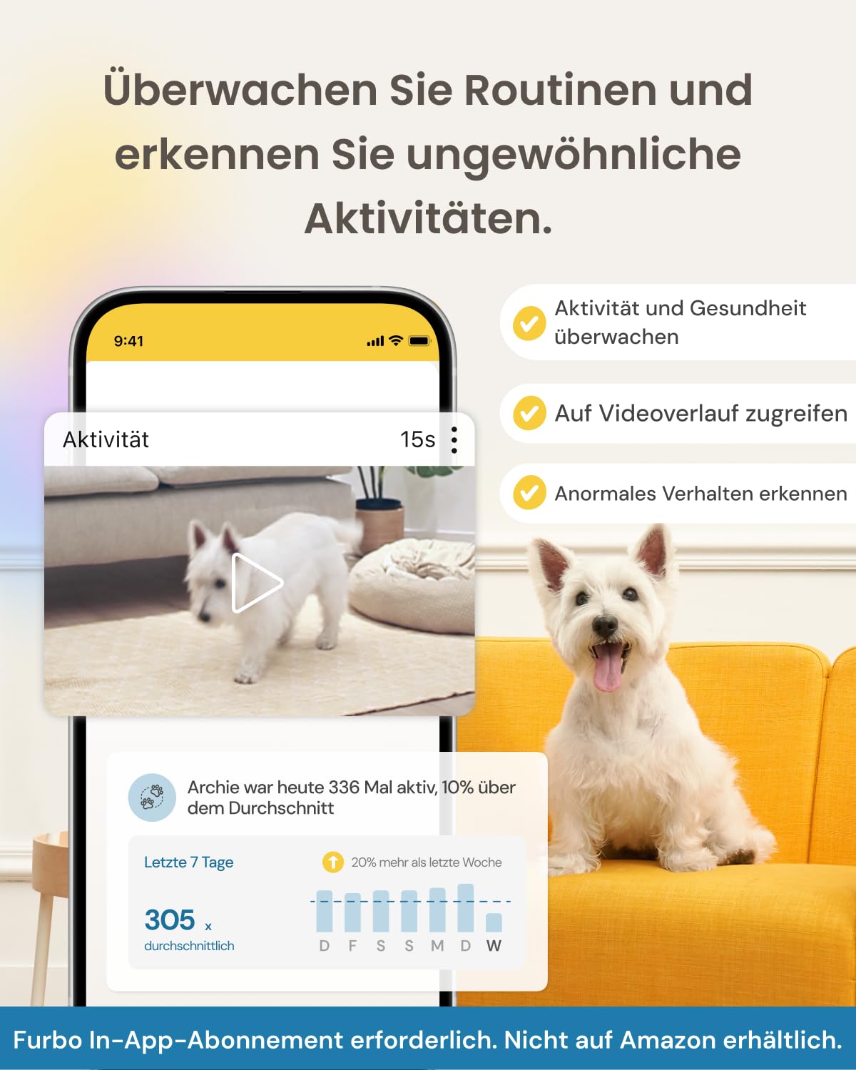 Furbo 360° Hundekamera [ABO ABSCHLUSS ERFORDERLICH] – Smarte Haustierkamera mit Leckerliwurf, 1080p Full HD, 2-Wege-Audio & Farbnachtsicht (3 Monate Mindeslaufzeit)