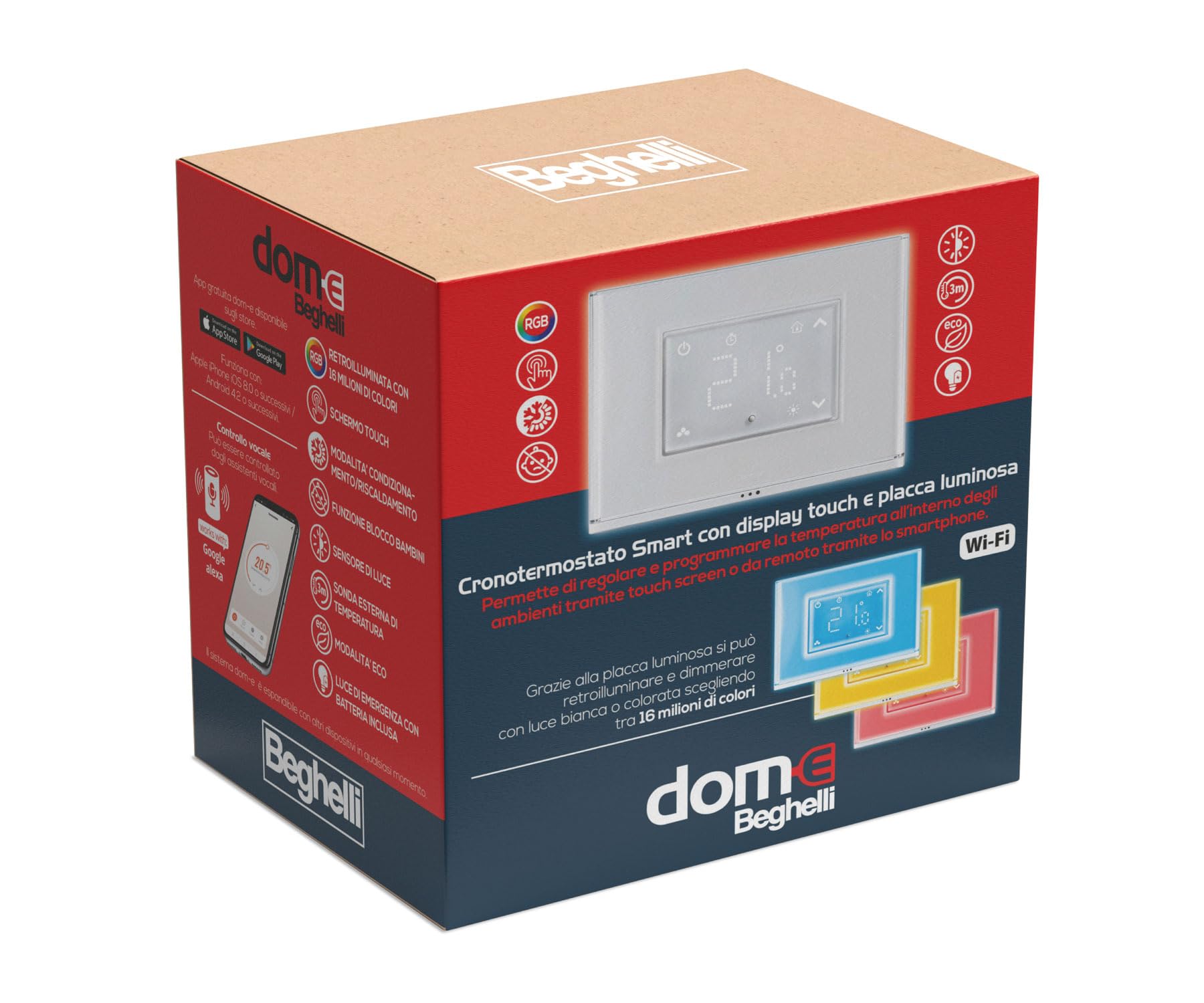 Beghelli - Cronotermostato Smart Dom-e con Display Touch e Placca Luminosa, Compatibile con Amazon Alexa e Google Assistant tramite App, Condizionamento/Riscaldamento, Luce Emergenza, Batteria Inclusa