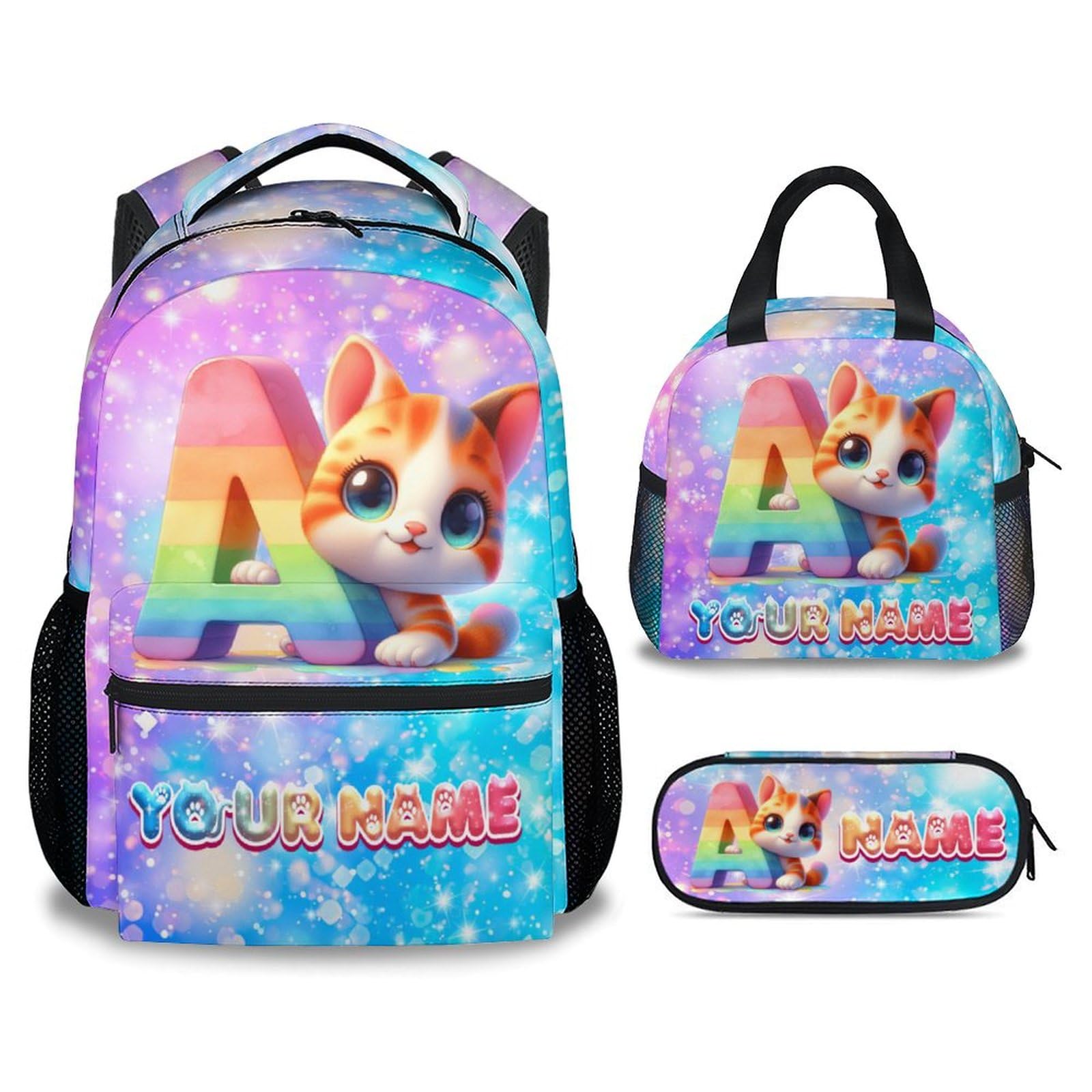 KNOWPHST Backpack for Girls - Personalized Cat Backpacks for Kids Ages 6-8, 17 Inch Durable Toddler with Lunch Box