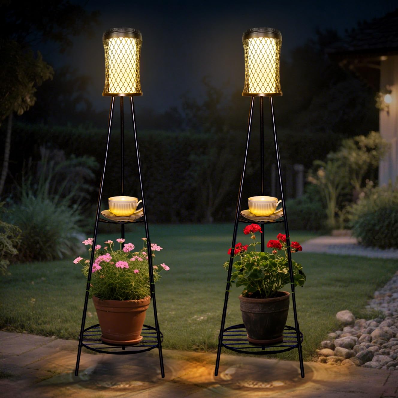 ソーラーライト 屋外 フラワースタンド 2段 ソーラーライト付き 花台 2個セット ガーデンライト 電球色 自動点灯 防水 太陽光充電 地面差し込み式 庭・通路・パティオ・ベランダ用 観葉植物台 おしゃれ