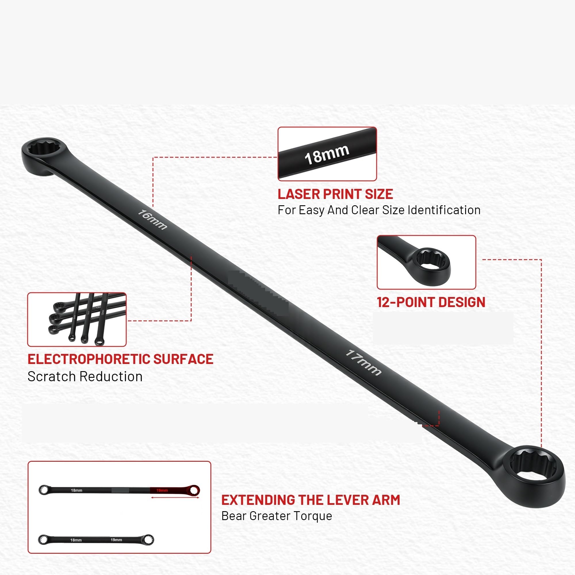 Telescopic Ratchet Zestaw 6 kluczy Bardzo długi klucz oczkowy 8mm-19mm Płaski lotniczy do konserwacji samochodów Klucze dynamometryczne(Black)