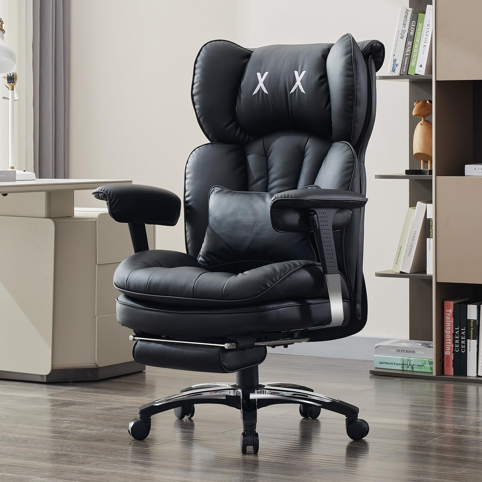 Efomao Desk Office Chair, X-Embroidery Big and Tall PU Leather Home Chair, Adjustable High Back Computer Gaming Chair, 200kg Swivel Executive Office Chair with Footrest and Lumbar Support, BLACK