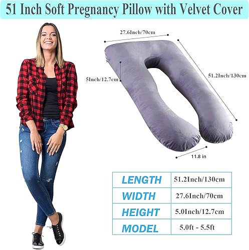 Miniatura 3 de Almohada de embarazo, almohada de cuerpo completo en forma de U con funda extraíble de terciopelo, almohada de cama múltiple de 51 pulgadas,