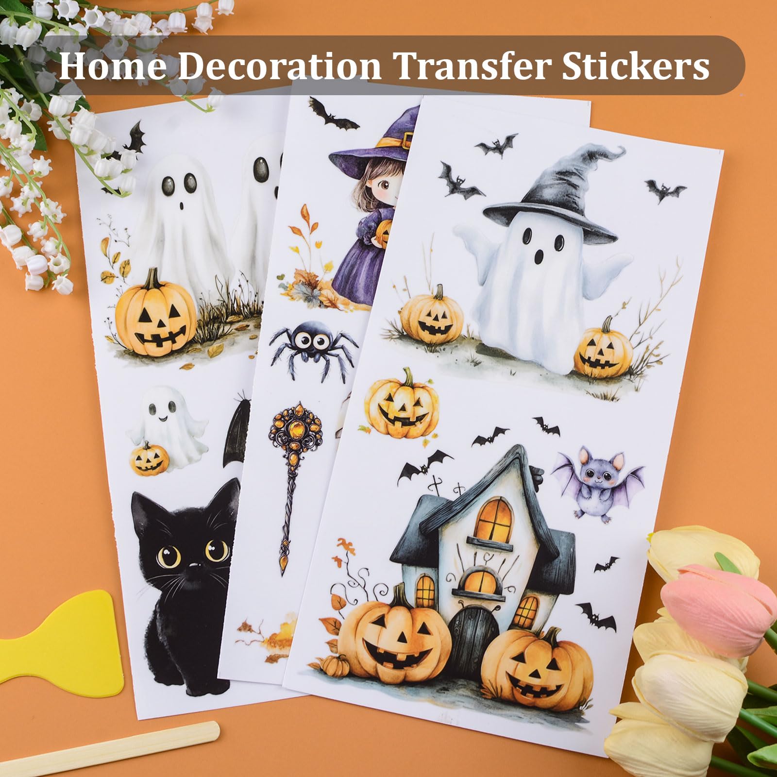 6 Fogli Di Adesivi Trasferibili Per Halloween WANDIC, Tema Horror Con Corvo, Fantasma, Pipistrello, Teschio, Impermeabili, 15x30 Cm, Per Decorazioni Fai Da Te