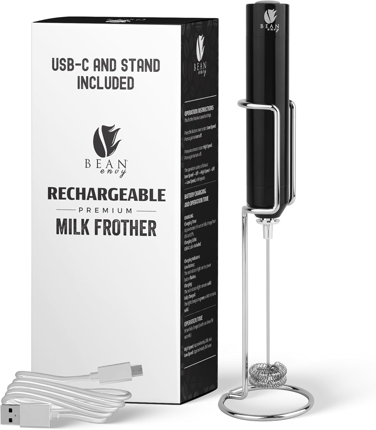 Bean Envy Rechargeable Milk Frother Handheld, Aluminium Coffee Frother Handheld with Stainless Steel Frother Wand, Best Coffee Frother Gift | Adjustable Speed Frother (USB C Cable and Stand Included)
