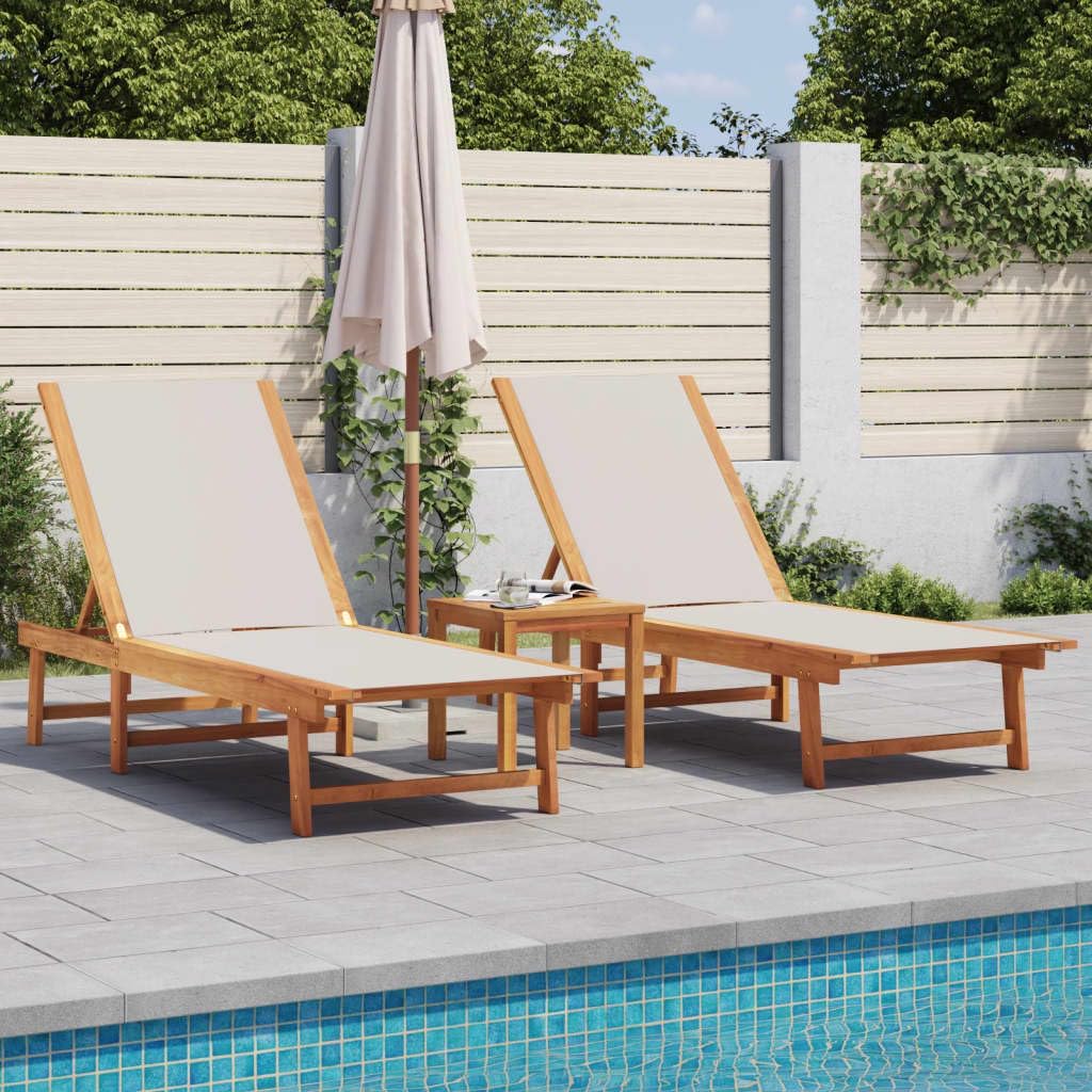 Juego de 2 tumbonas de madera maciza de acacia y textileno, color gris, plegables, con respaldo ajustable de 5 posiciones, para piscina, terraza y balcón, soporta hasta 110 kg