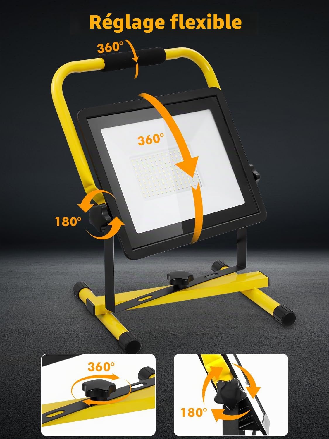 Projecteur LED Chantier 100W, 10000LM Blanc Froid, Étanche IP66, Portable avec Câble de 9.84FT, Aluminium et Verre, Moderne, Pour Extérieur, Garage, Atelier