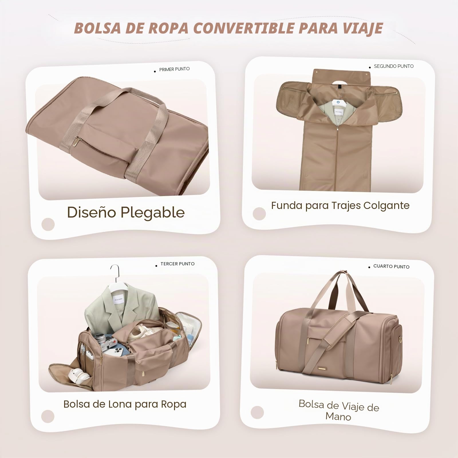 Bolsa de Viaje Convertible 2 en 1, con Compartimento Separado para Zapatos, Impermeable, Bolsa de Ropa Fin de Semana Bolsa de Traje Colgante para Hombres y Mujeres,48L, Marrón champán