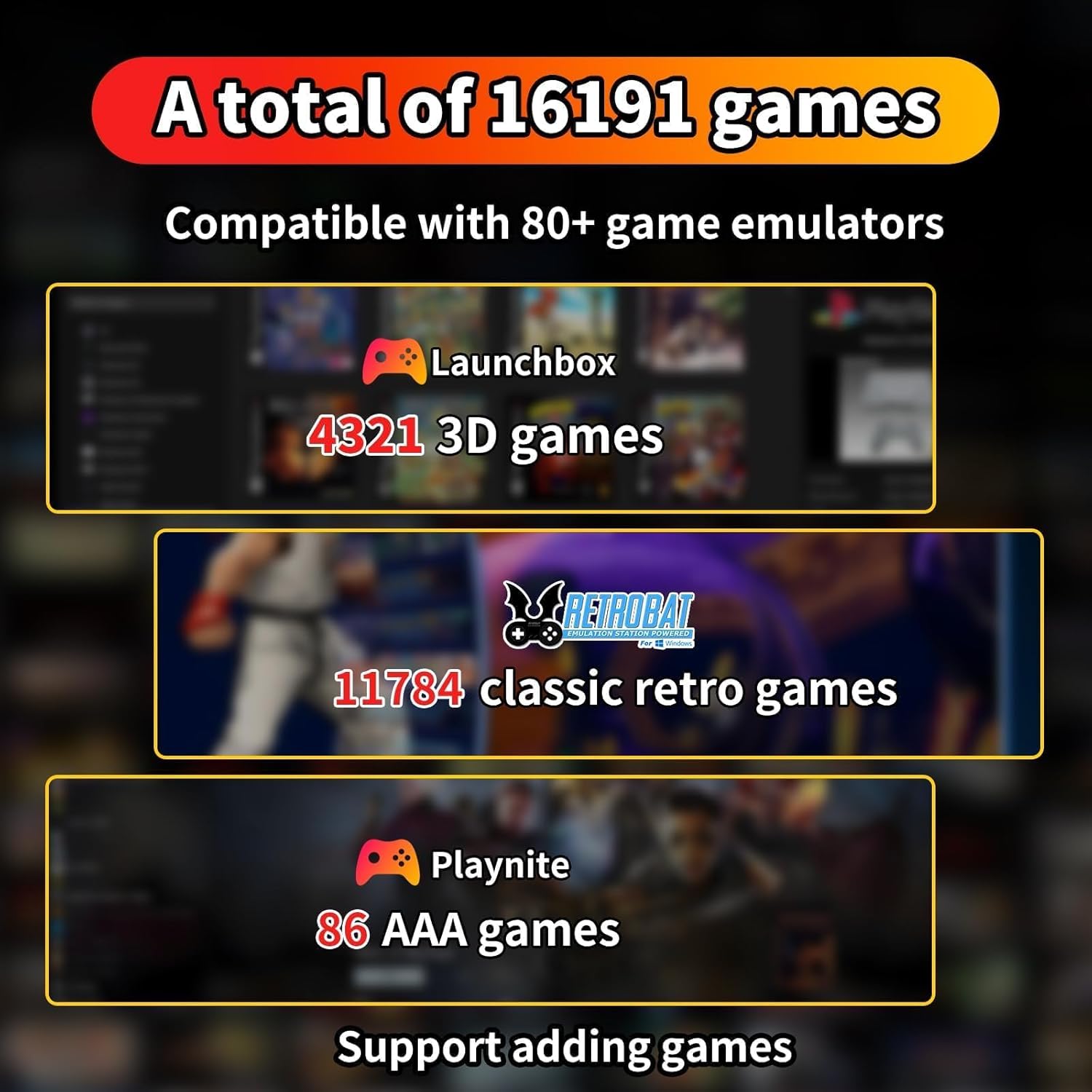 Game counts for Launchbox, Retrobat, and Playnite