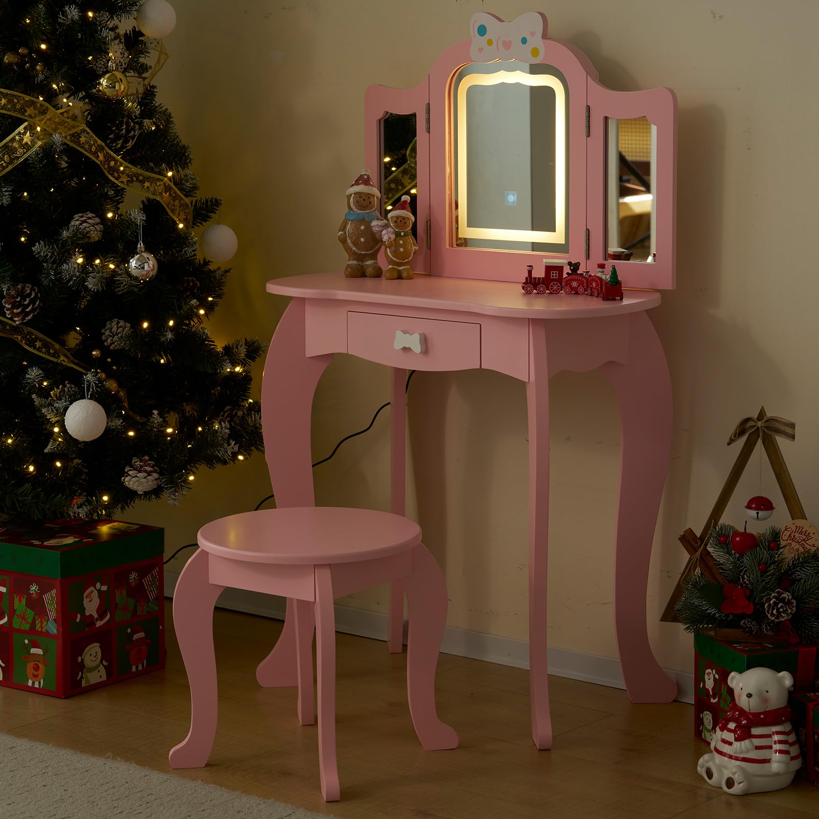 LEADZM Coiffeuse pour Enfants avec Miroir à Trois Volets avec Tabouret, Lampe LED Tactile à 3 Couleurs (Rose)