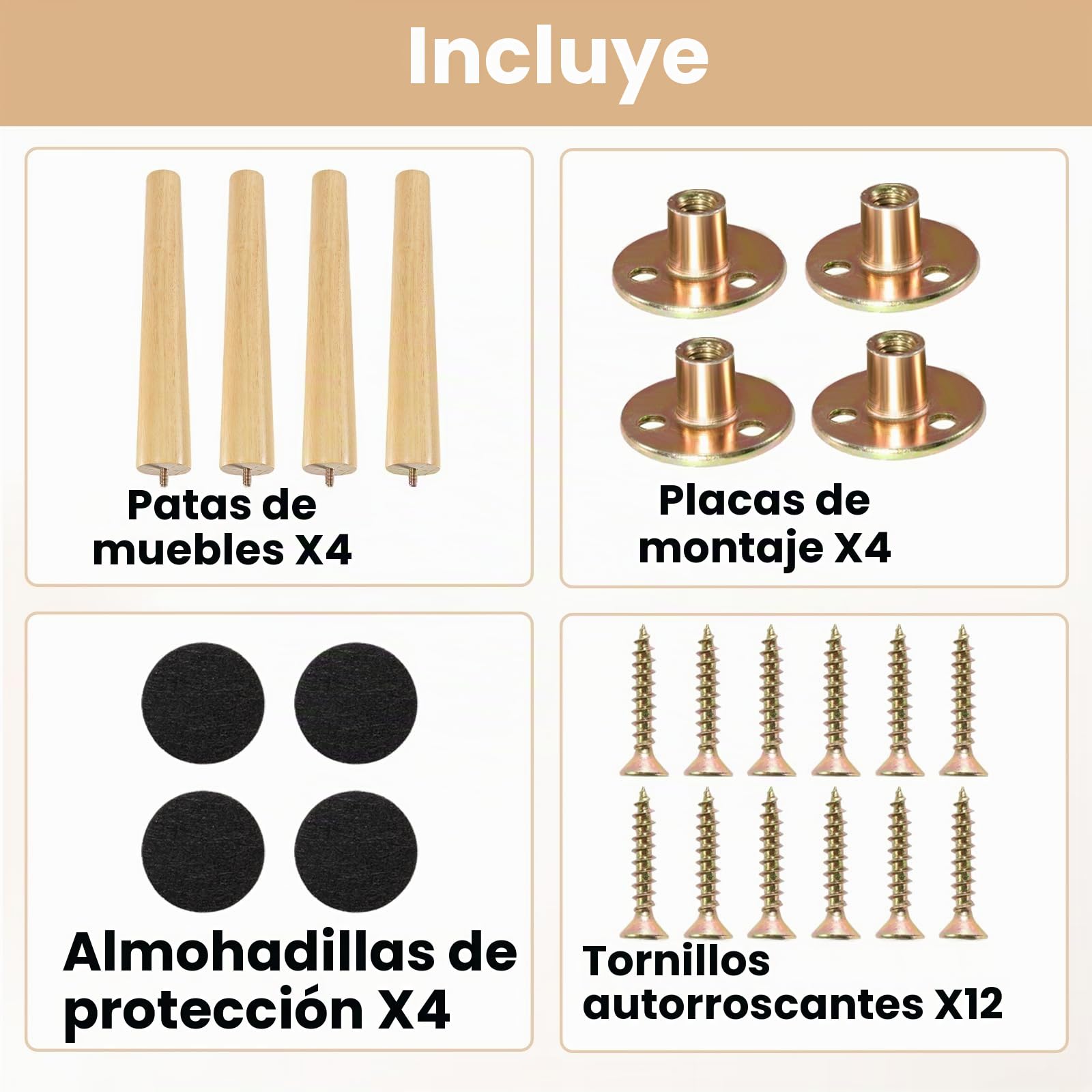 4 Patas para Madera 30cm con Placa – Soporte Firme para Muebles | Patas Madera con Placa y Goma Antideslizante,Fáciles de Montar,Perfectas para Sofá,Banco,Silla,Escritorio,Armario y Mesa