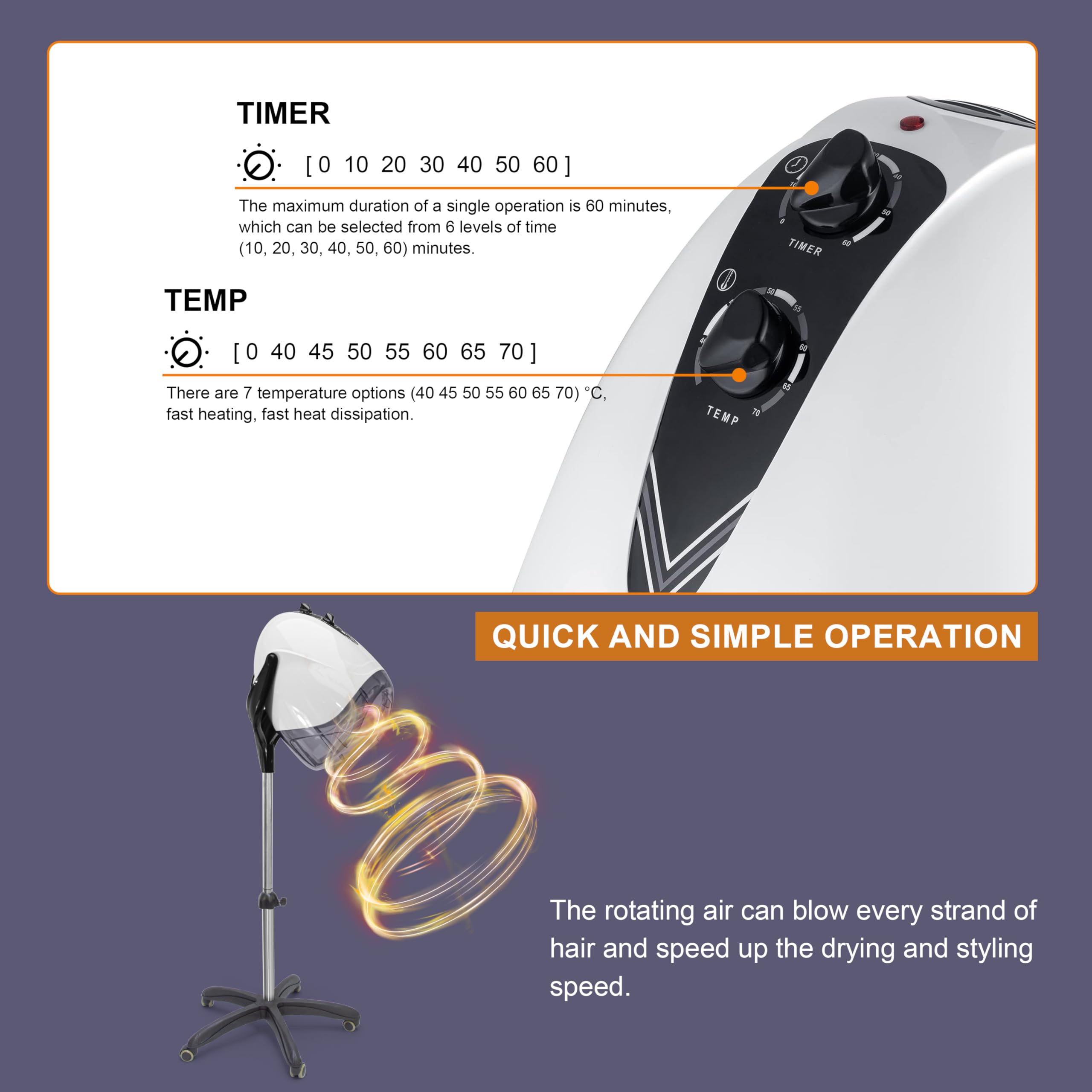 Ionic - Secador de pelo profesional con capucha de 1000 W, máquina de secado de pelo estándar con dos velocidades y calor, dispositivo de calefacción uniforme eficiente para el hogar y el 4