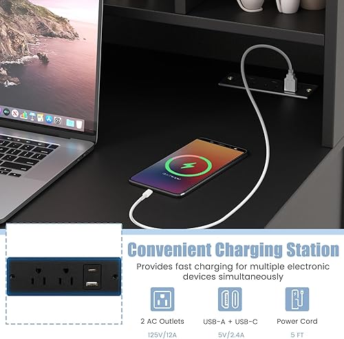 Miniatura 5 de COSTWAY Writing Desk with USB Charging Ports & Power Outlets, 48" Computer Desk with Drawers & 5-Cubby Hutch, Study Table Computer Work Station for