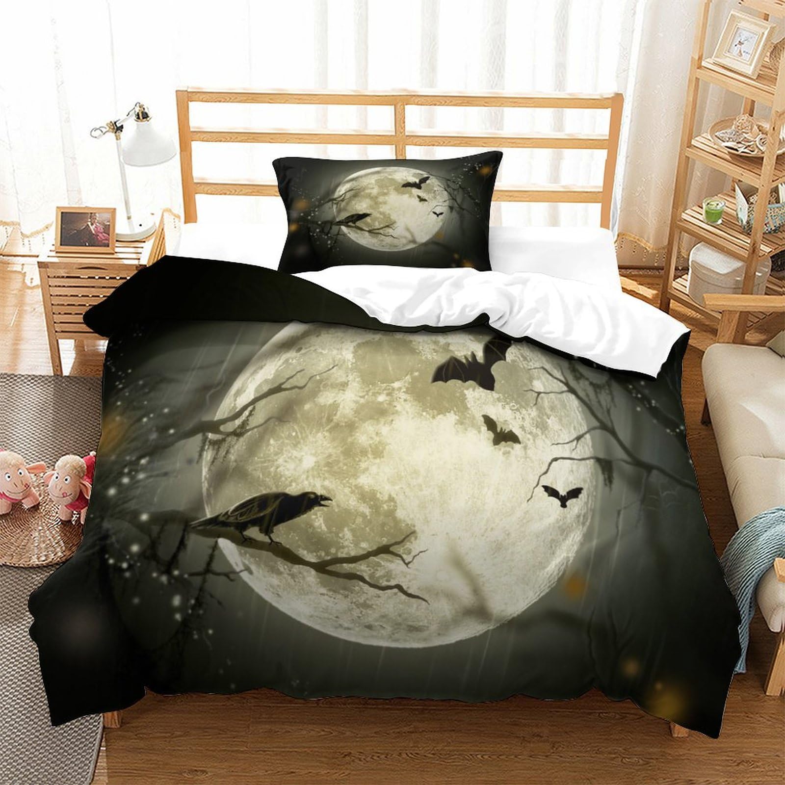 P1S9U7W5Y 3D Printed Moon Bat 3pcs Duvet Cover Set Microfiber Gothic Bedding Set Single