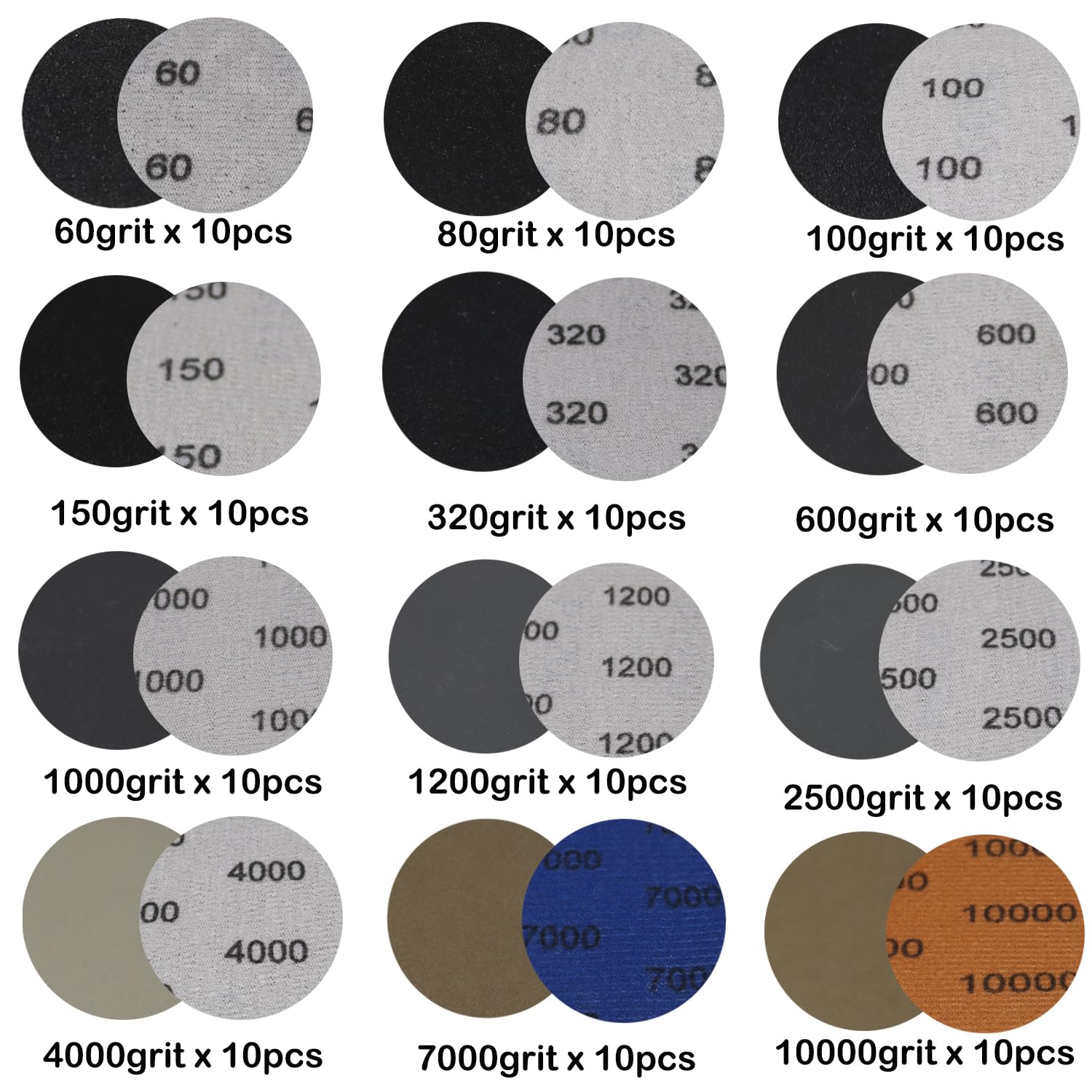 120 hojas de lija de grano 60-10000 de papel de lija de 3 pulgadas con placa de respaldo de vástago de 1/4 pulgadas y lijadora de esponja de lijado y almohadilla de amortiguación de espuma suave, kit