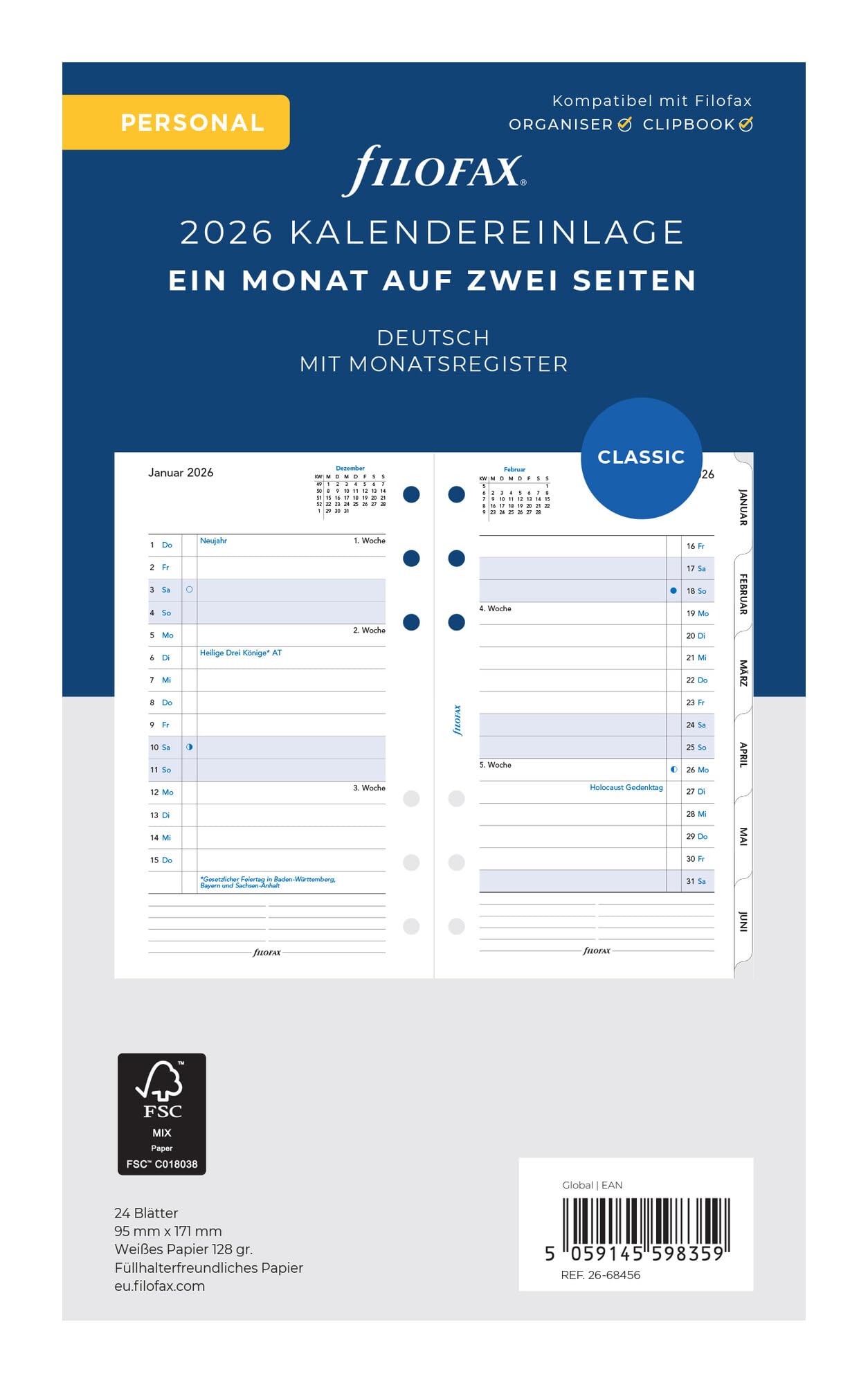 Filofax Kalender Personal 1Mo./2S. tabbed (deutsch)2026