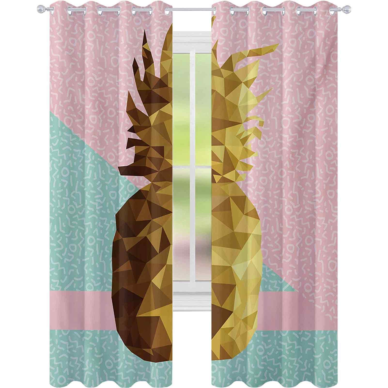 Window Treatments Curtains, Retro Summer Concept Pine Fruit in Poly Design Memphis, W52 x L63 Grommet Curtains for Window Treatment, Pale Pink Mint Green Pale Brown