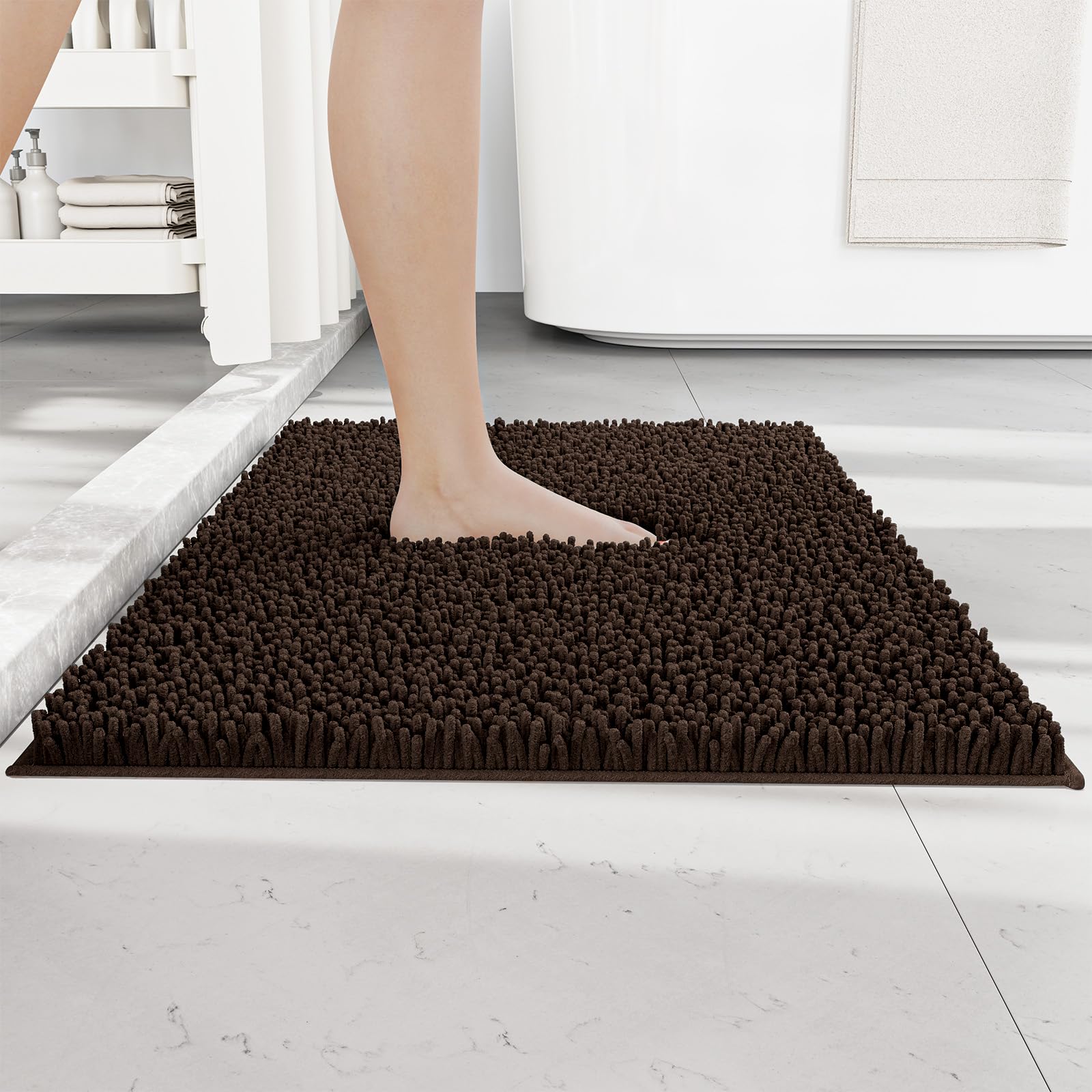 RUN HELIX Non Slip Chenille Bath Mat, Versatile Soft Bathroom Mat & Shower Mat, Machine Washable Absorbent Bath Mats for Bathroom, Living Room, Kitchen, Bedroom & Indoor Scenes, 50x80cm, Dark Brown