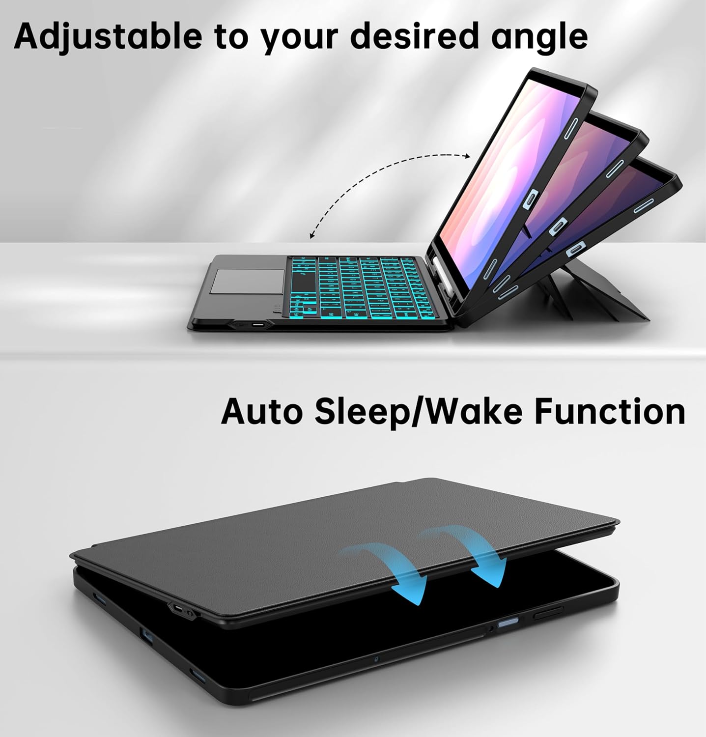 Image showing the adjustable viewing angles of the tablet case and the auto sleep/wake function when the case is closed.
