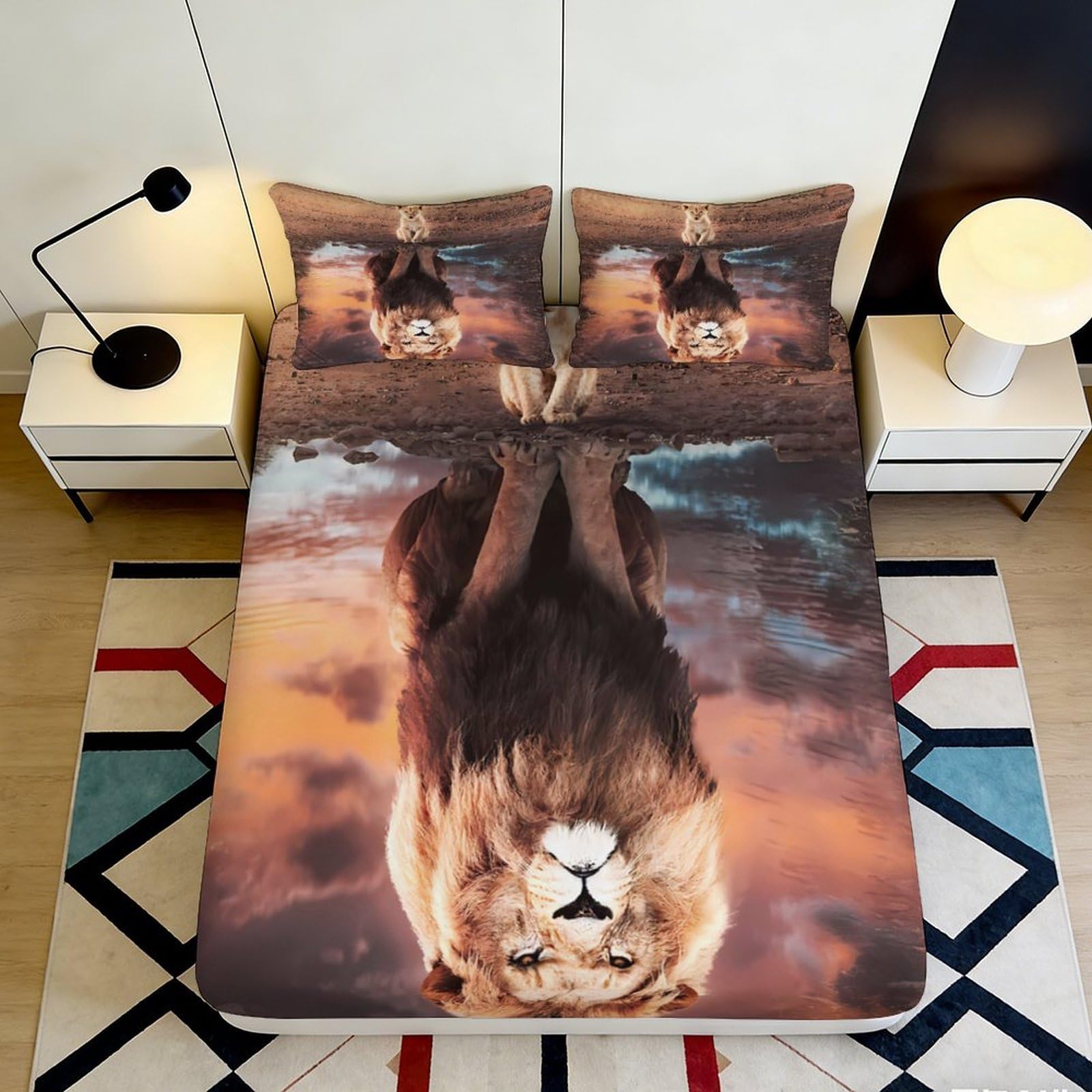 3D Printed Lion Reflection Fitted Sheet Microfiber Soft Durable Sunset Sky Bed Cover for Bedroom Dormitory Guest Room Mattress Protection 180x200x25cm
