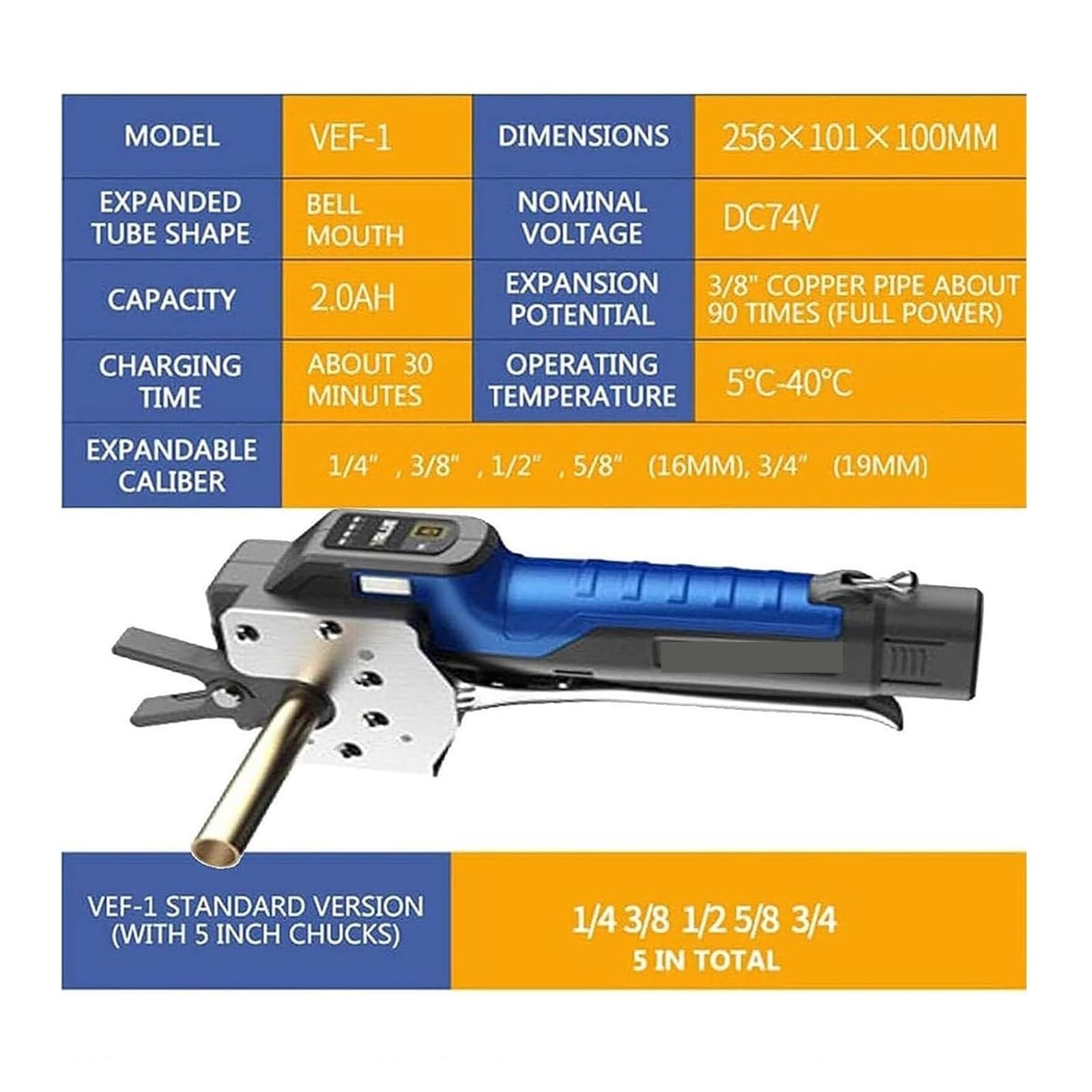 Kit de Abocardador Electrico con 5 Abrazaderas para Tubos de Cobre y Aluminio, Herramienta de Abocardado Excentrico 45 Grados para HVAC y Refrigeracion, hasta 0.75 Pulgadas