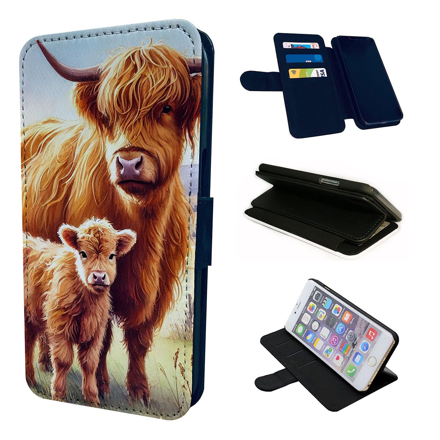 Wallet Phone Case Cover Compatible with iPhone SE 7 8 X XR 11 12 13 14 15 16 16E Plus Mini Pro Max Flip Magnetic Clasp Style Shockproof - Highland Cow