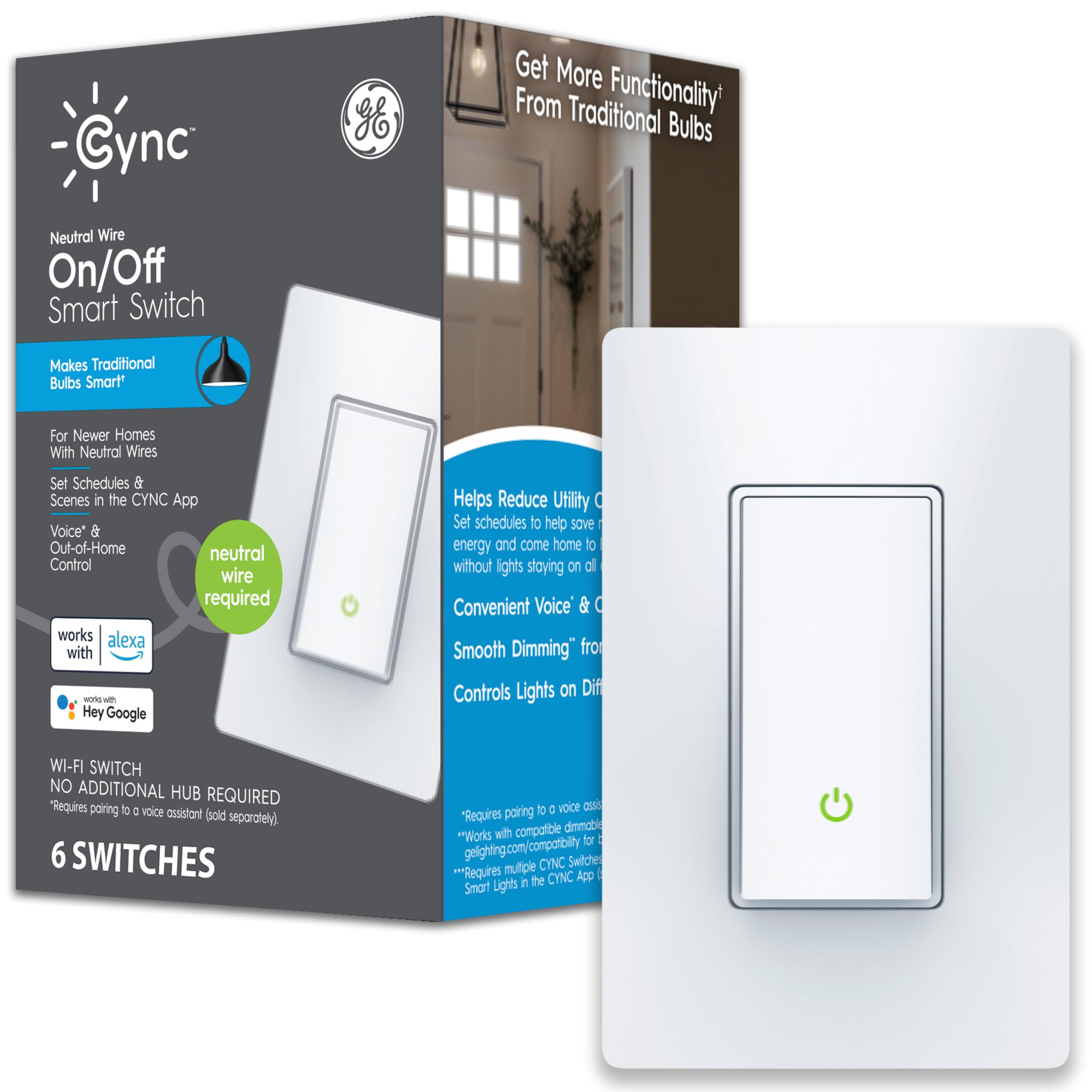 GE Cync Lot de 6 interrupteurs intelligents à 4 fils, style pagaie, fil neutre requis, Bluetooth et Wi-Fi 2,4 GHz, compatible avec Alexa et Google White