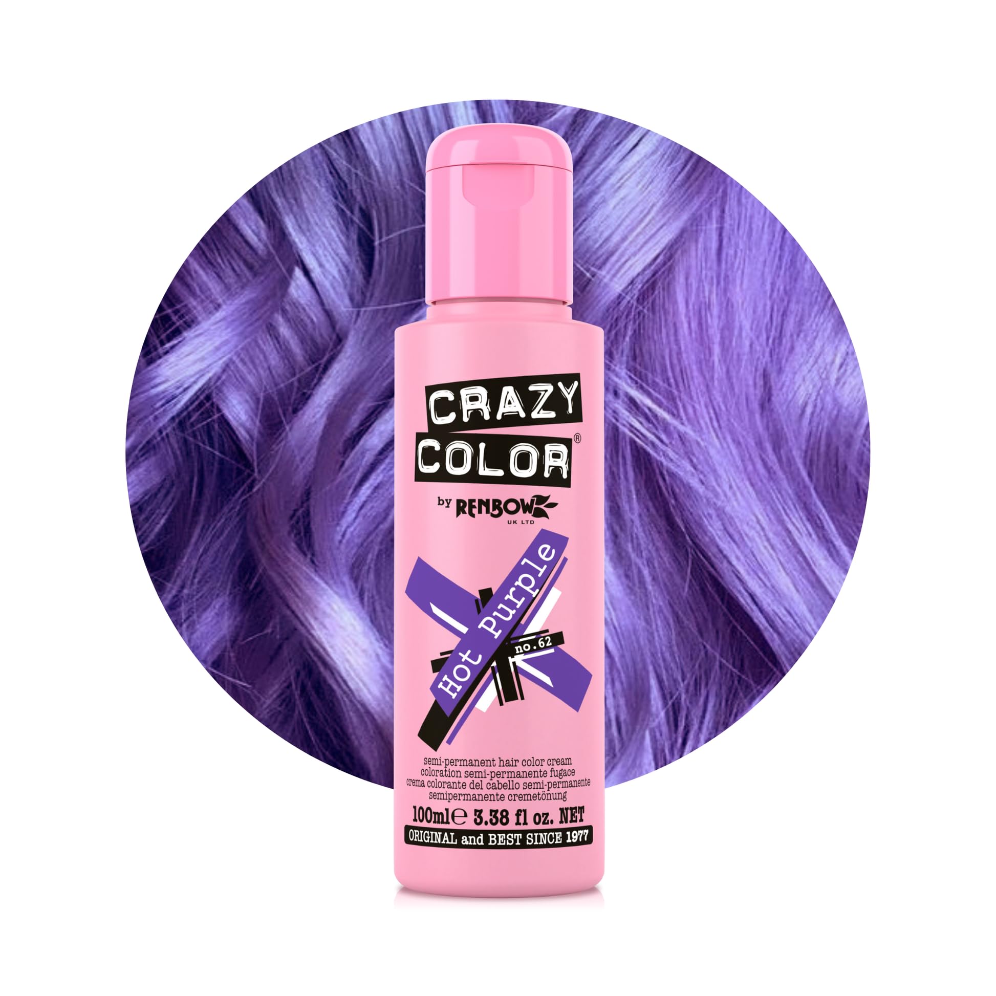 Crazy Color Hair Dye - Vegan and Cruelty-Free Semi Permanent Hair Color - Temporary Dye for All Hair Types, #62, Hot Purple 100 ml
