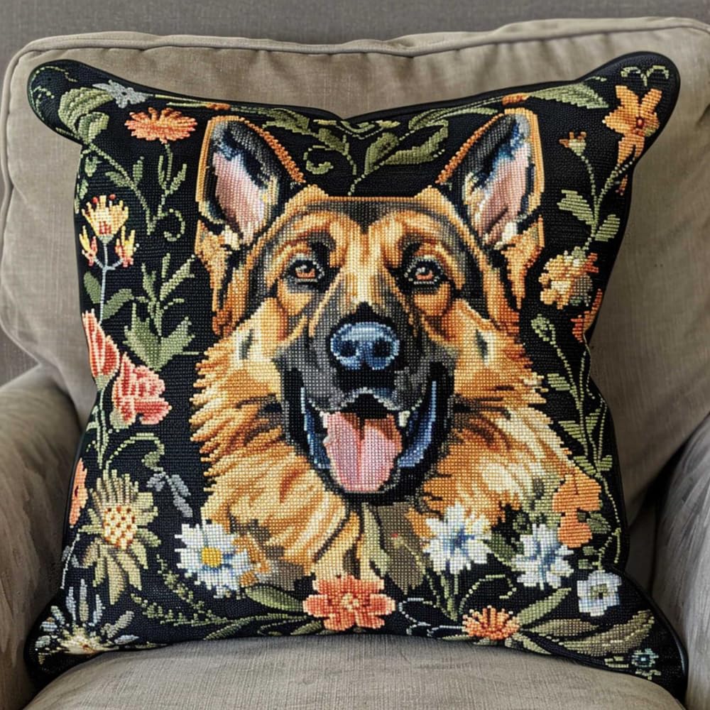 Rkflgew Colorful, Black Latch Hook Kit Cushion German Shepherd Animal Diy Latch Hook Kits Pillow Printed Cushion Crochet Yarn Embroidery Needlework Craft Embroidery Kit 43X43cm