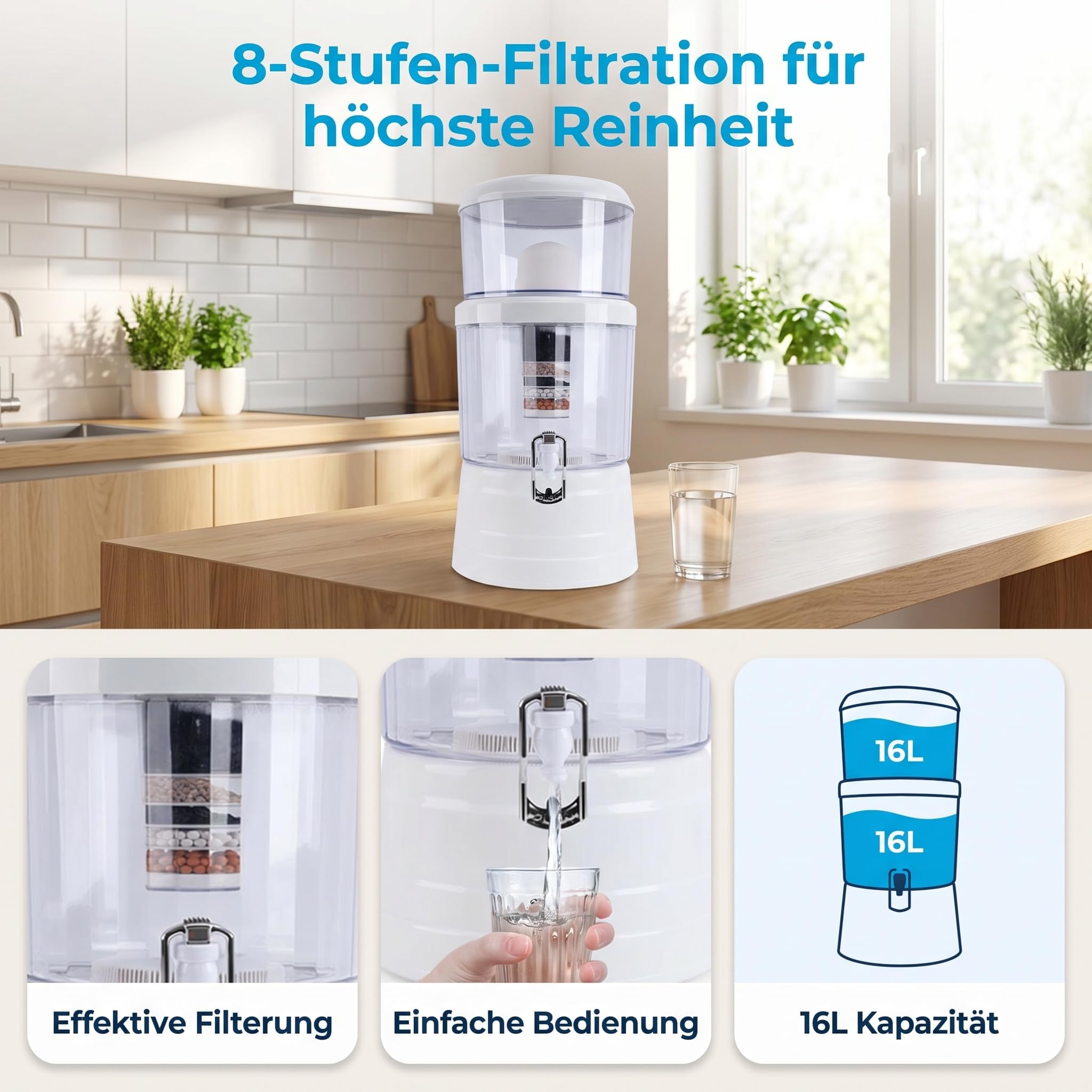 Wasserfilter Spender, 16L Wasserfilter Pitcher, Tischwasserfilter