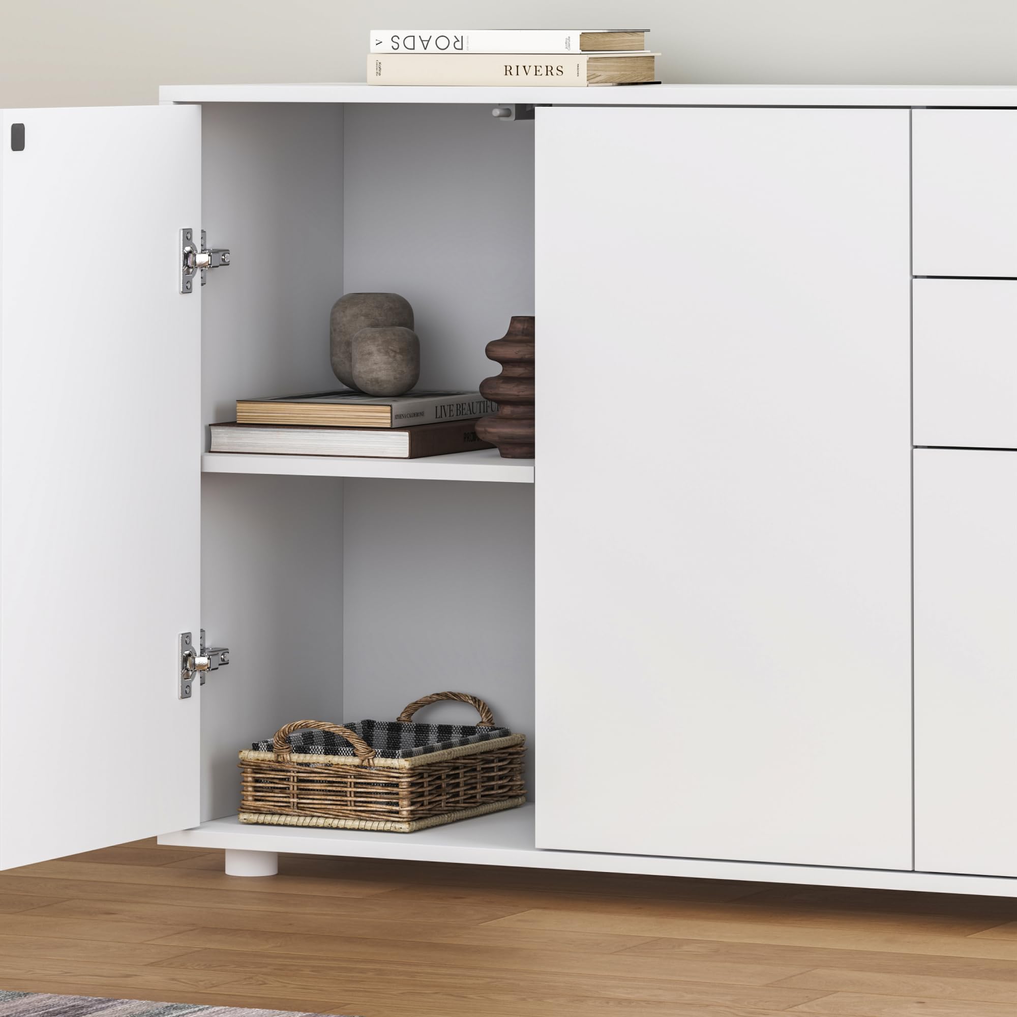 [en.casa] Credenza con 2 Cassetti e 3 Ante Comò Cassettiera Multiuso con Scomparti Vani Chiusi per Soggiorno Camera da Letto Ufficio 74x117x36 cm - Bianco Opaco