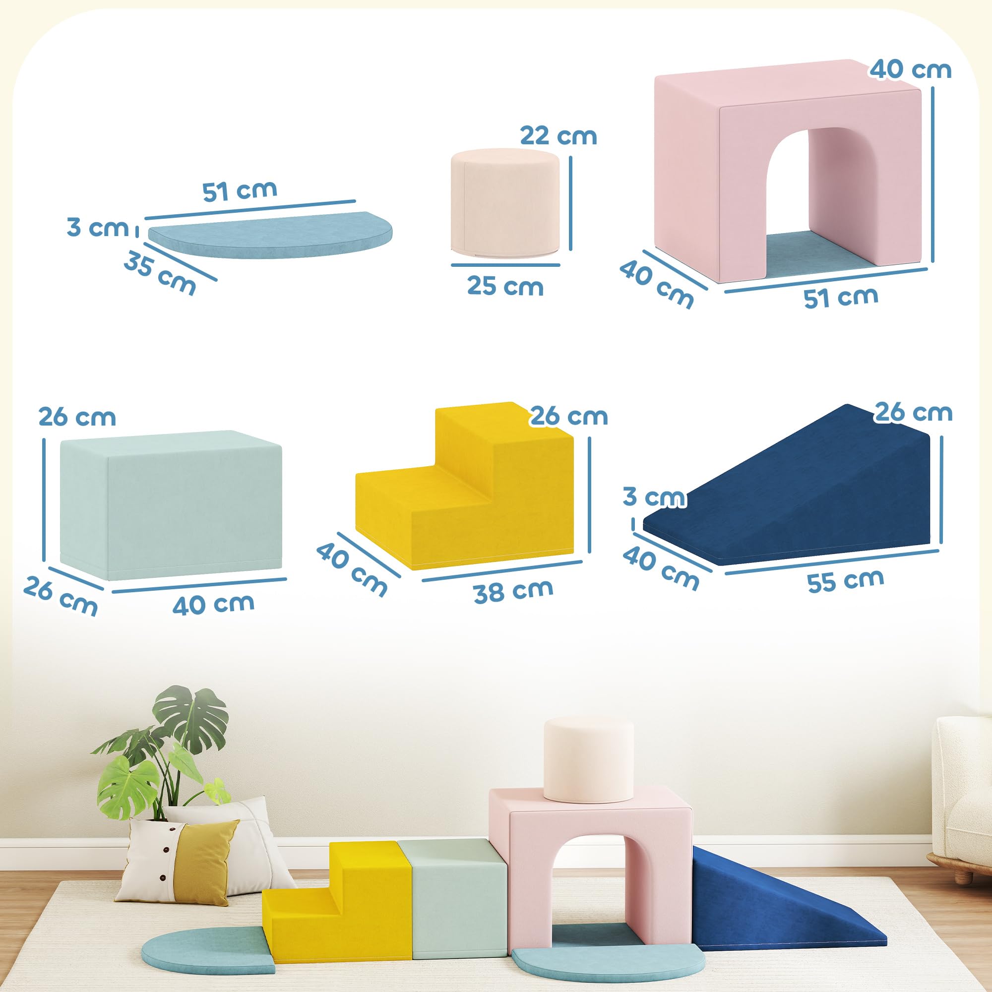 AIYAPLAY Juego de 8 Bloques de Espuma para Niños Escalar Gatear Multicolor | Bloques de Psicomotricidad, Fundas de Terciopelo Desmontables, Set de Escalada Interior