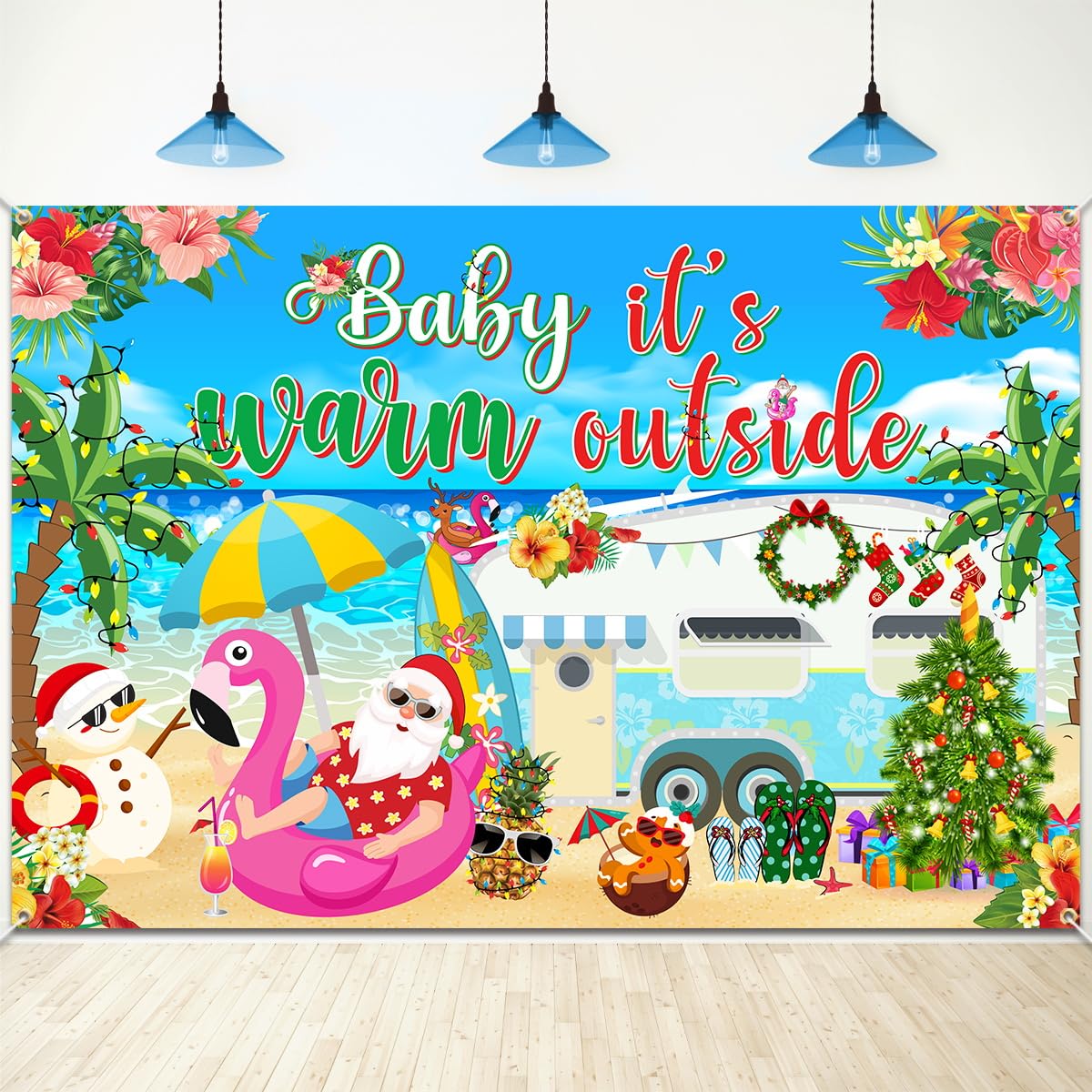 Summer Christmas Backdrop Decorations Baby It’s Warm Outside Banner, Summer Christmas Photography Backdrop with Beach Snowman Santa for Christmas Hawaiian Luau Party Decorations