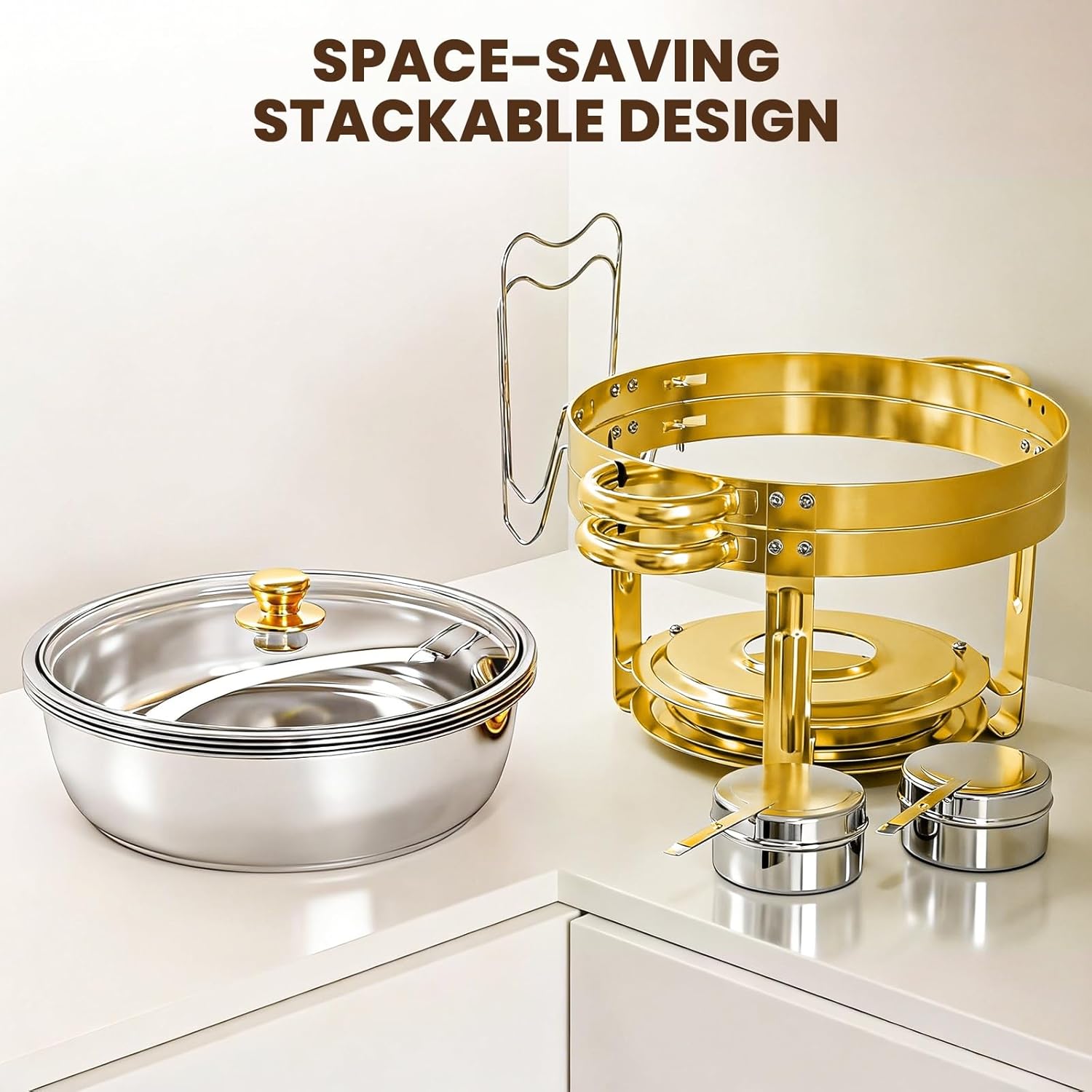 POWERFUEL Chafing Dishes for Buffet 6QT, 2 Pack Stainless Steel Full Size Chafing Dishes Set with Chafing Pans, 2 Gold Tongs, Glass Lid, Stand, Furel Cans, Food Warmer for Parties, Catering, Weddings