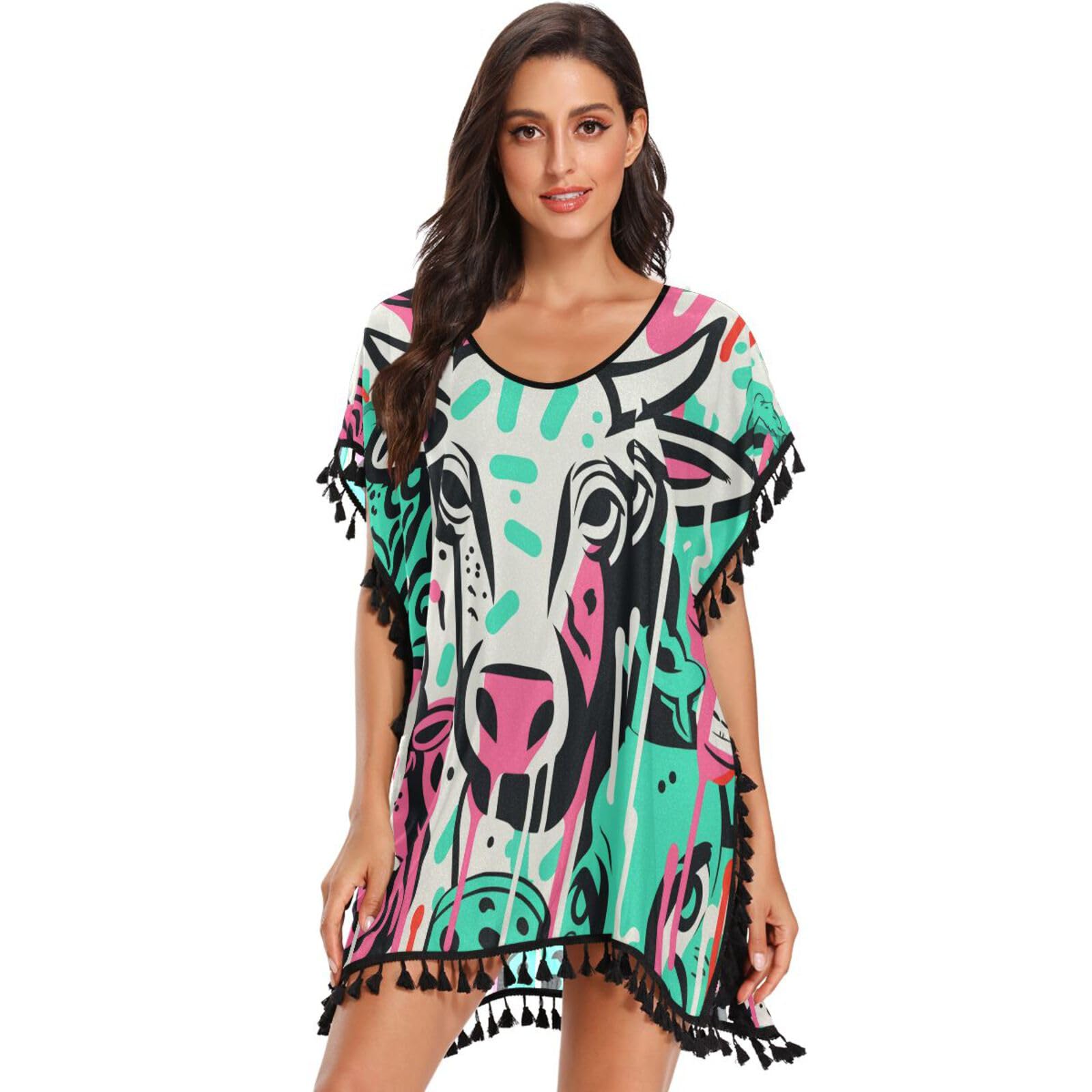 Abstract Doodle Art Cow Women's Beach Cover Up Chiffon Tassel Swimwear Swimsuit Coverups for Girl