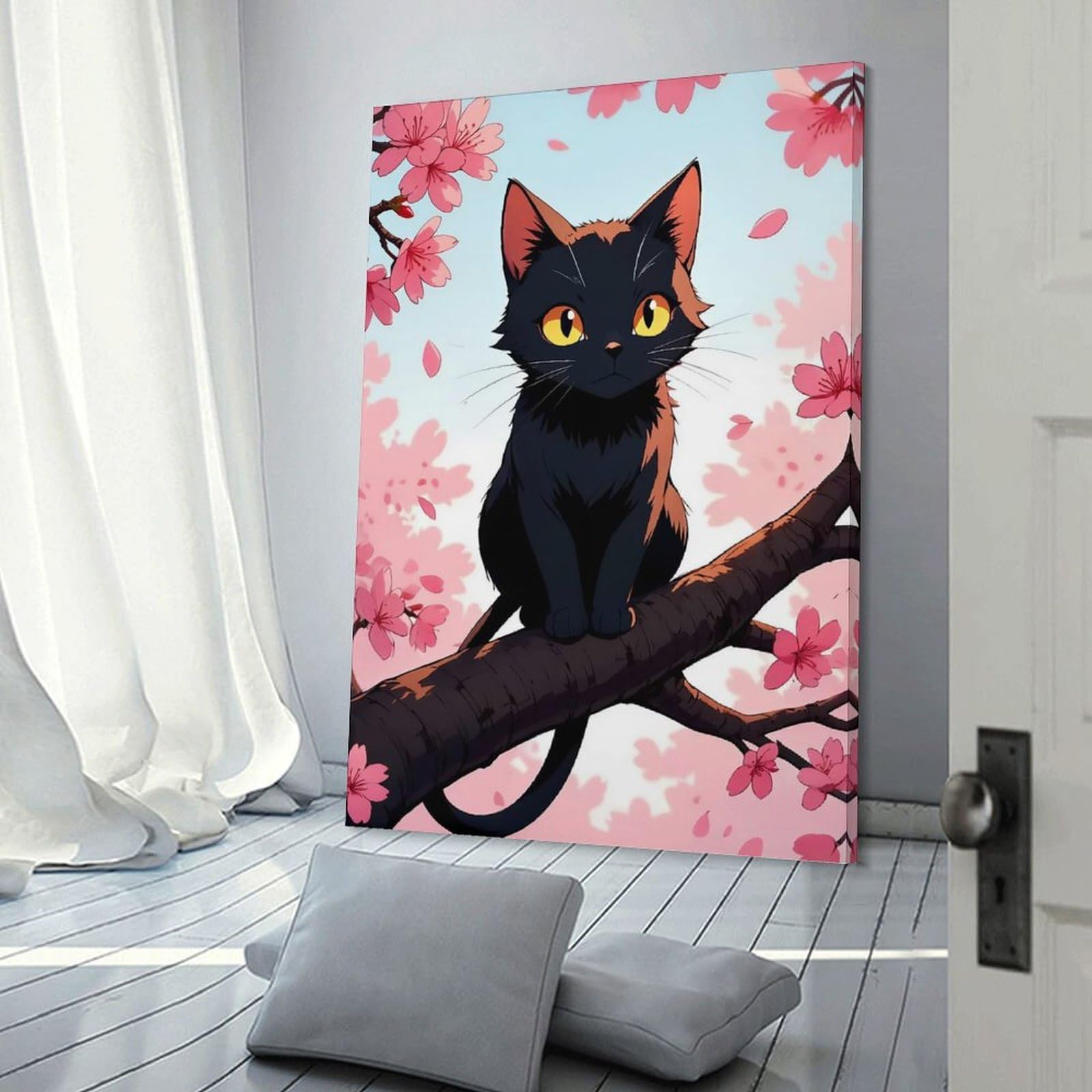 Junmoney Hanging Wall Art Black Cat in Cherry Blossom Tree, 24x36inch(60x90cm), for Work Areas, Reading Rooms Or Studios, Wall Art That Adds Style to Work Areas
