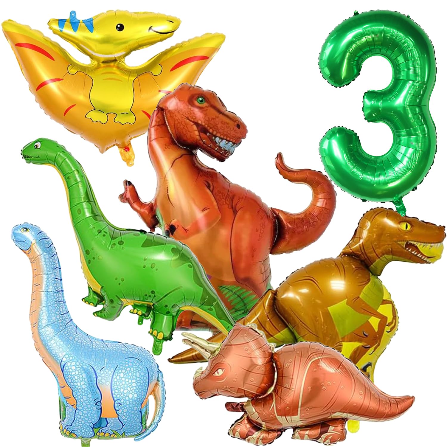 Dinosaur Balloons Set 7Pcs，40 Inch Number 3 Balloon，6 Pieces Dinosaur Balloons ，Jungle Dino Theme Party Supplies（3rd）
