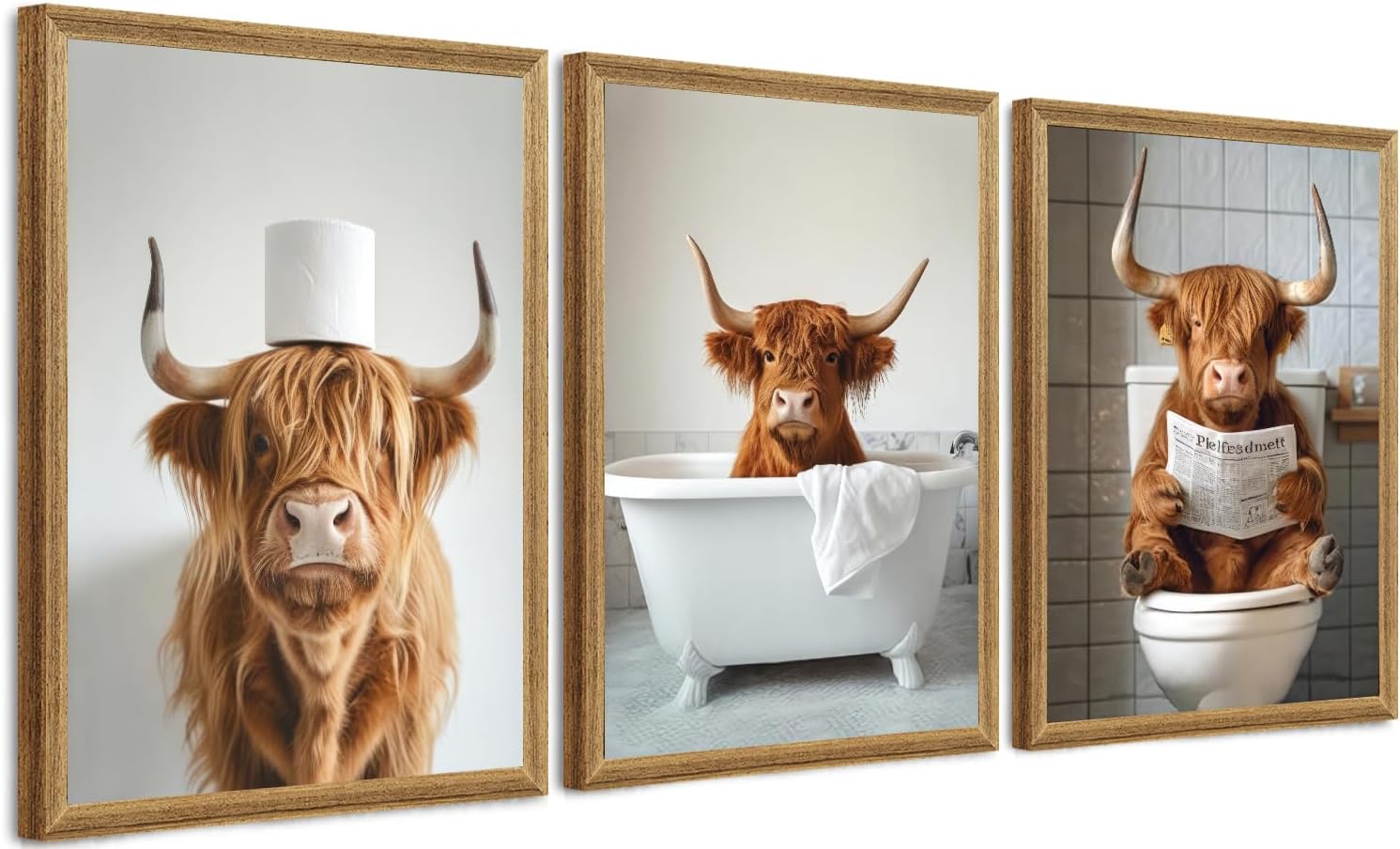 FYLDPSB 3Pcs Framed Highland Cow Bathroom Canvas Wall Art, Funny Bathroom Signs Animal Wall Decor, Rustic Cute Bathroom Poster Prints for Bathroom Restroom Decor 16''L x 12''W 16"L x 12"W Great Highland Cow