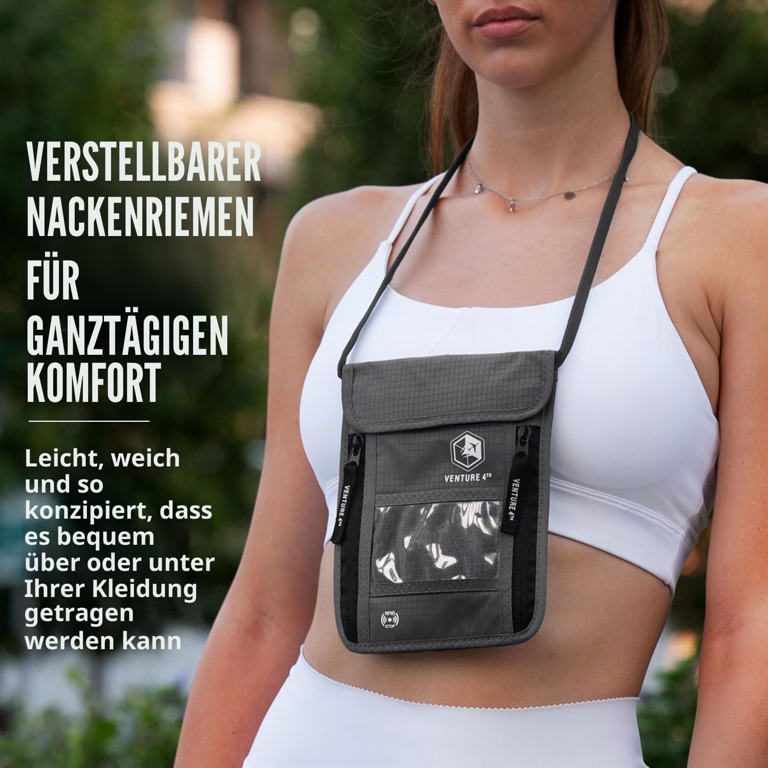 VENTURE 4TH Umhängeband, RFID-blockierend, Reisepasshülle für Reisen, versteckter Brustbeutel mit 6 Fächern, schlanker, Leichter Organizer mit verstellbarem Gurt, strapazierfähiges Nylon für Bargeld