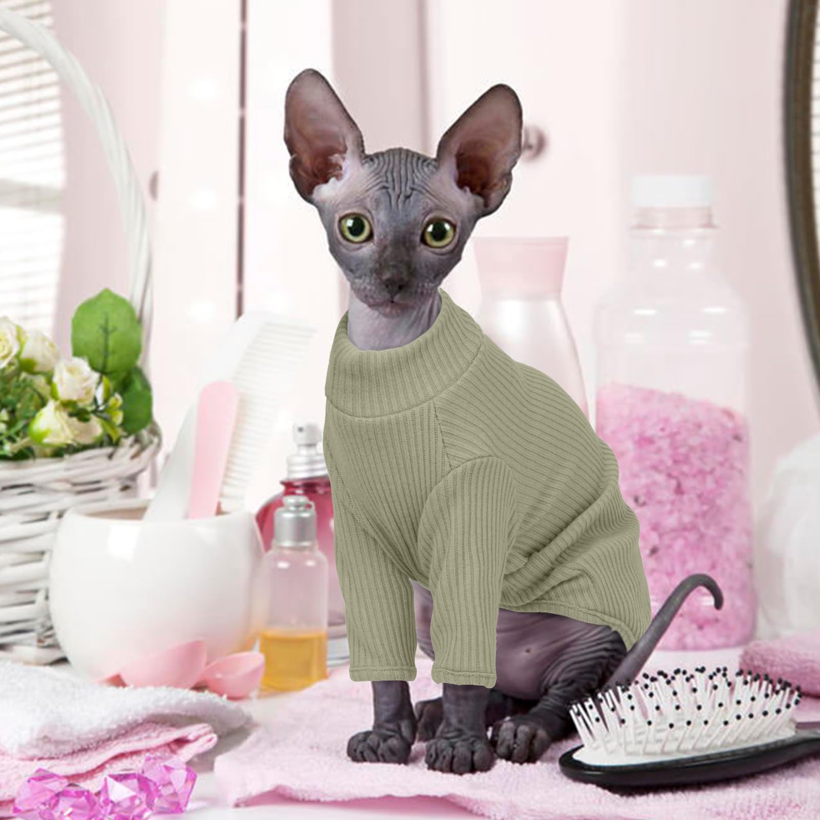 Hairless Cats Vest Turtleneck Sweater, Breathable Adorable Cat Wear Shirt Clothes, T-Shirts with Sleeves,Cat's Pajamas Jumpsuit for Sphynx, Cornish Rex, Devon Peterbald, Black — view 7