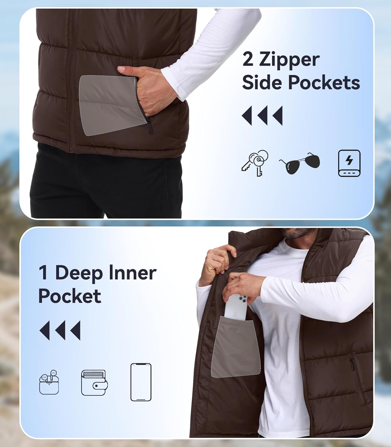 WHN Men's Puffer Vest Outerwear Winter Zipper Quilted Puffy Sleeveless Jacket Outdoor Size M to XXL - Image 4