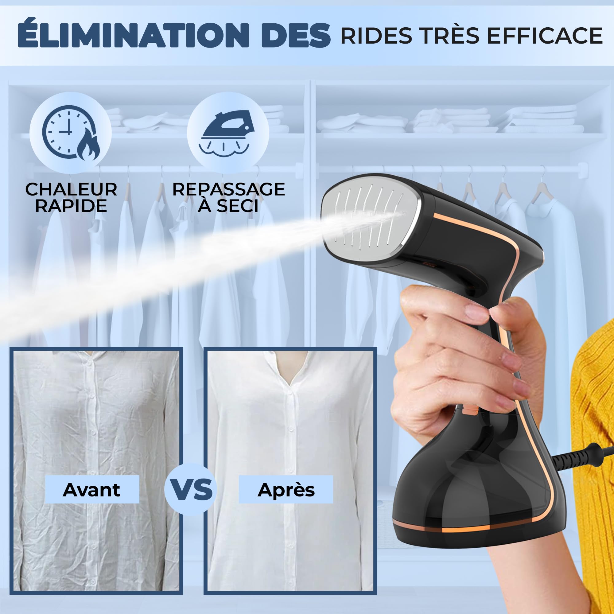 Défroisseur à Main 1800W – Défroisseur Vêtement Vapeur Vertical, Fer a Repasser Portable 2-en-1, Écran LCD, Réservoir 320 ml, Anti-Fuite, Maison, Bureau, Voyage ou cadeau.