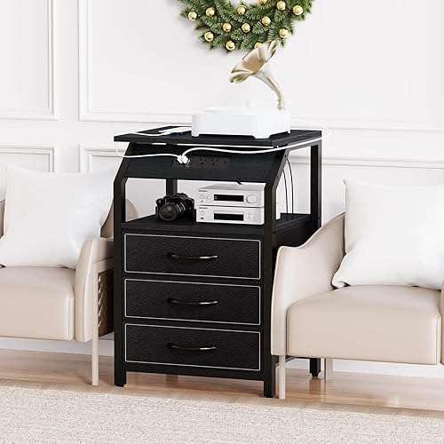 Miniatura 2 de Juego de 2 mesas auxiliares, mesitas de noche con estación de carga y luces LED, 3 cajones de tela, mesas auxiliares de almacenamiento para mesita