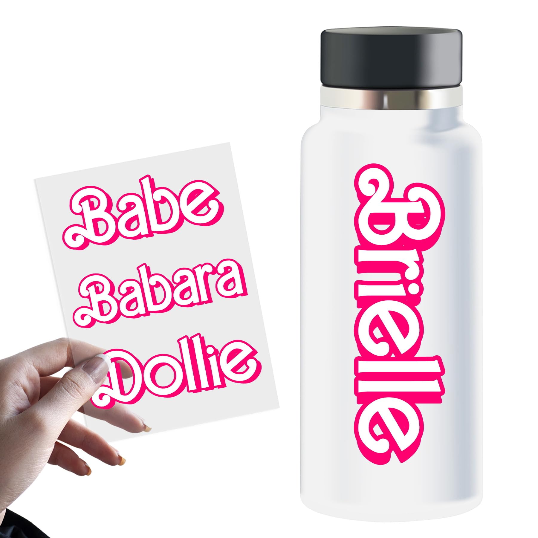 2 Pcs Custom Name Transparent Babe Doll Sticker Personalized Name Hot Pink Doll Girly Stickers Waterproof Vinyl Decal for Water Bottles Tumbler Laptop