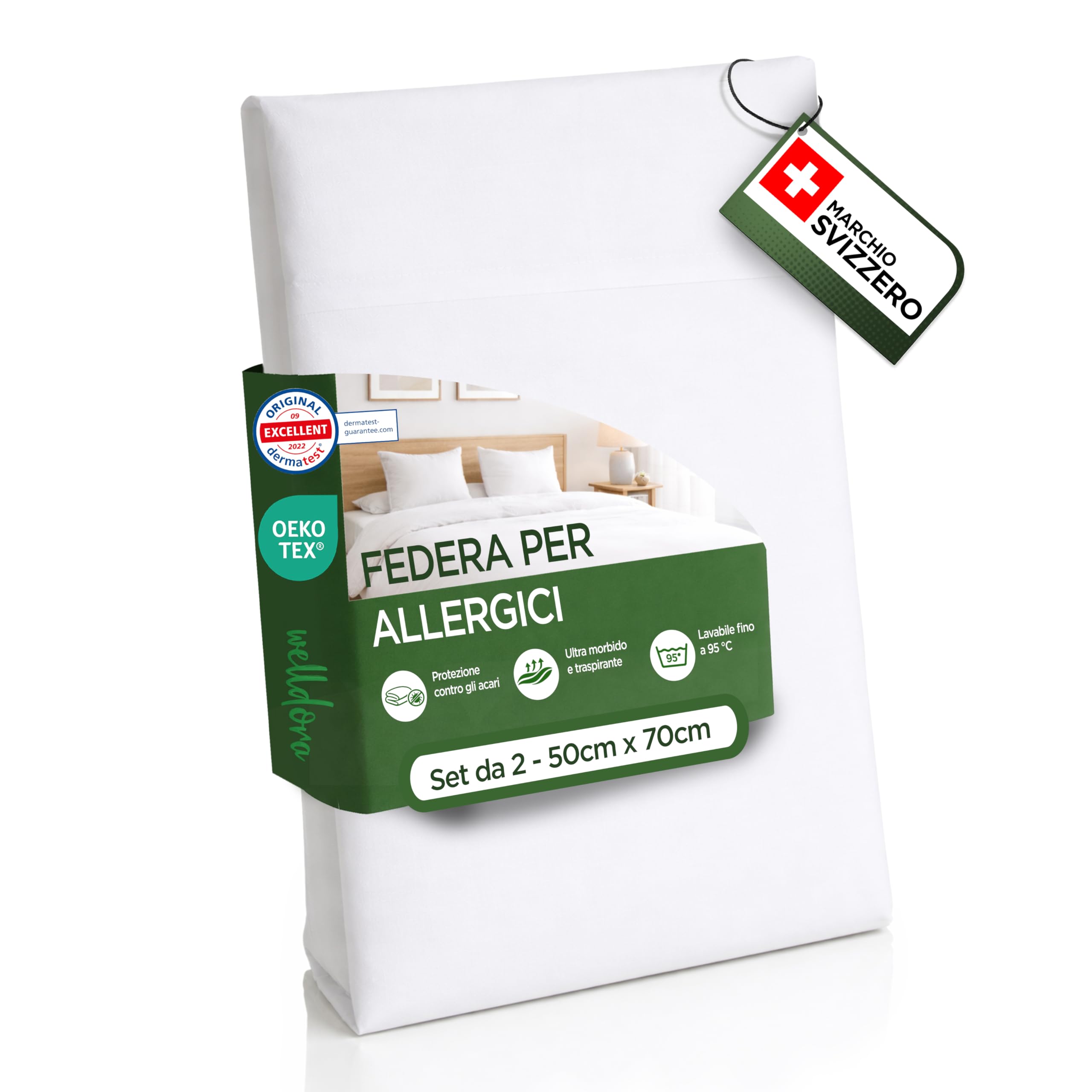 Welldora Set di 2 Copricuscino Antiacaro Anallergico 50 x 70 cm, Federe Antiacaro Antiallergiche Testate, Fodera contro Acari e Cimici dei Letti, Biancheria da Letto