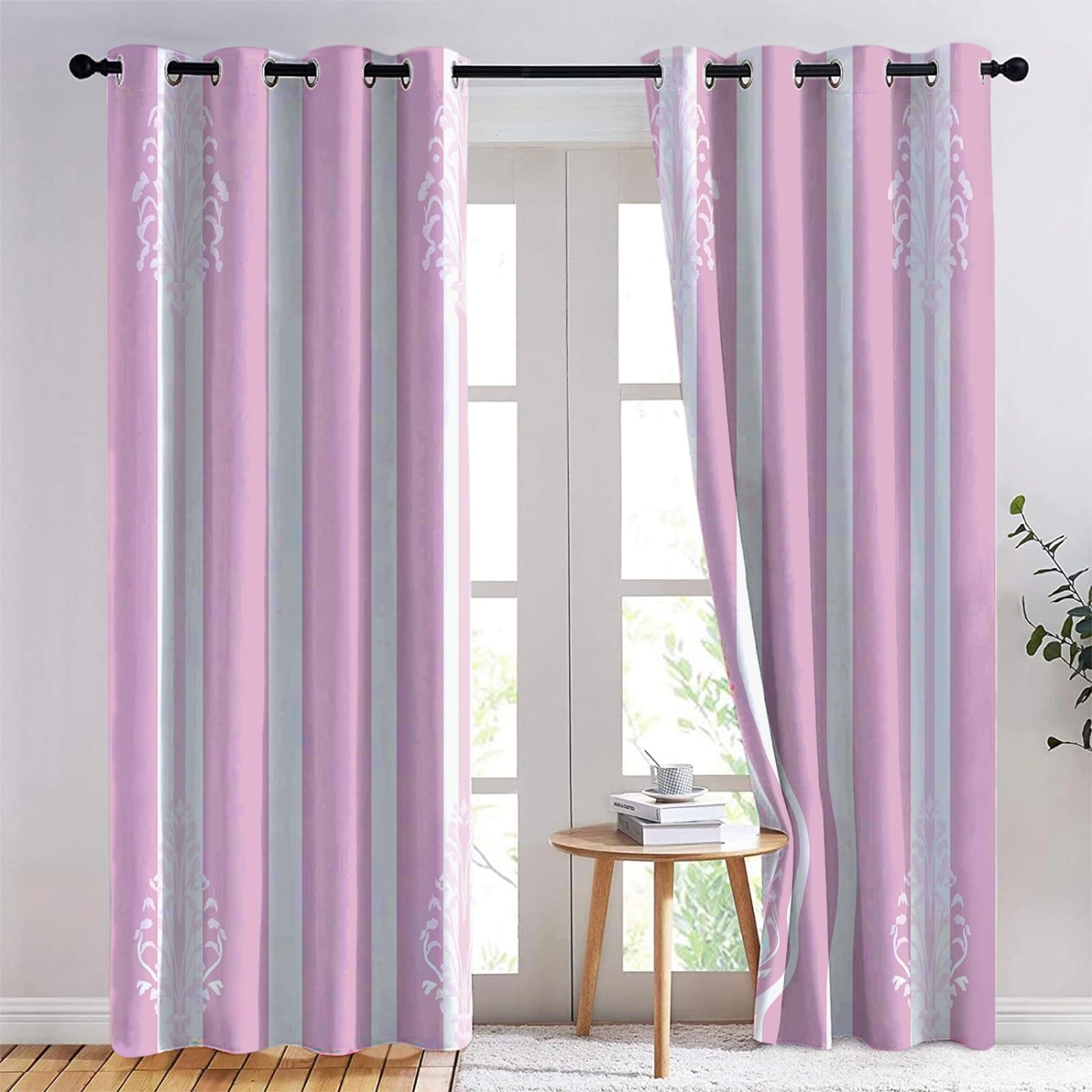 Białe pionowe paski zasłona zaciemniająca - izolowane termicznie zasłony odporne na zimno anty UV 2 sztuki 140 x 245 cm (szer. x wys.) fioletowe nieprzezroczyste zasłony z oczkami do