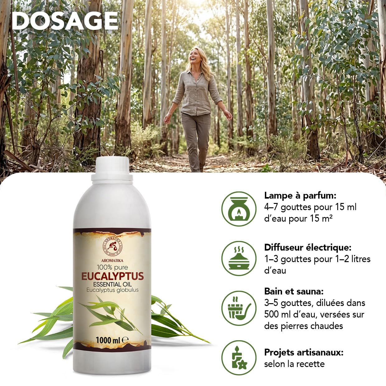 Huile Essentielle d'Eucalyptus 1000 ml - Eucalyptus Globulus - pour Diffuseur et Lampe Aroma - le Savon et les Bougies - Sauna - Parfums d'Intérieur - Arôme frais - Aromathérapie