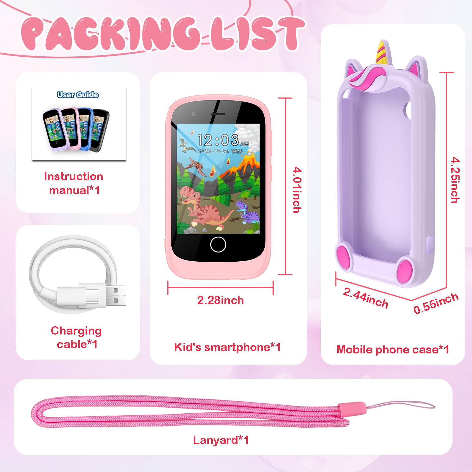 PTHTECHUS Kinder Handy, Mini-Telefon für Mädchen Jungen, 2.8 Zoll großer Touchscreen Smartphone Kinder 16 Spiele Anruf SOS Musik Kamera Schrittzähler Wecker, kindertelefon Jungen ab 4-9 Jahre (Rosa)