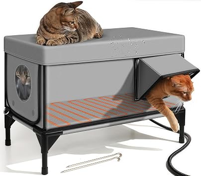 Iuseike Electric Heated Pet House, Tall Base, Heating Cat House, Waterproof Heating Pad and Escape Door, Outdoor Cat House, Weather Resistant Outdoor Cat Shelter, Outdoor Cat House for Stray Cats, Foldable Cat House, For All Seasons, Cold and Rainproof, Pet Supplies, Breathable, Easy Care, For All Seasons Silver Gray, L